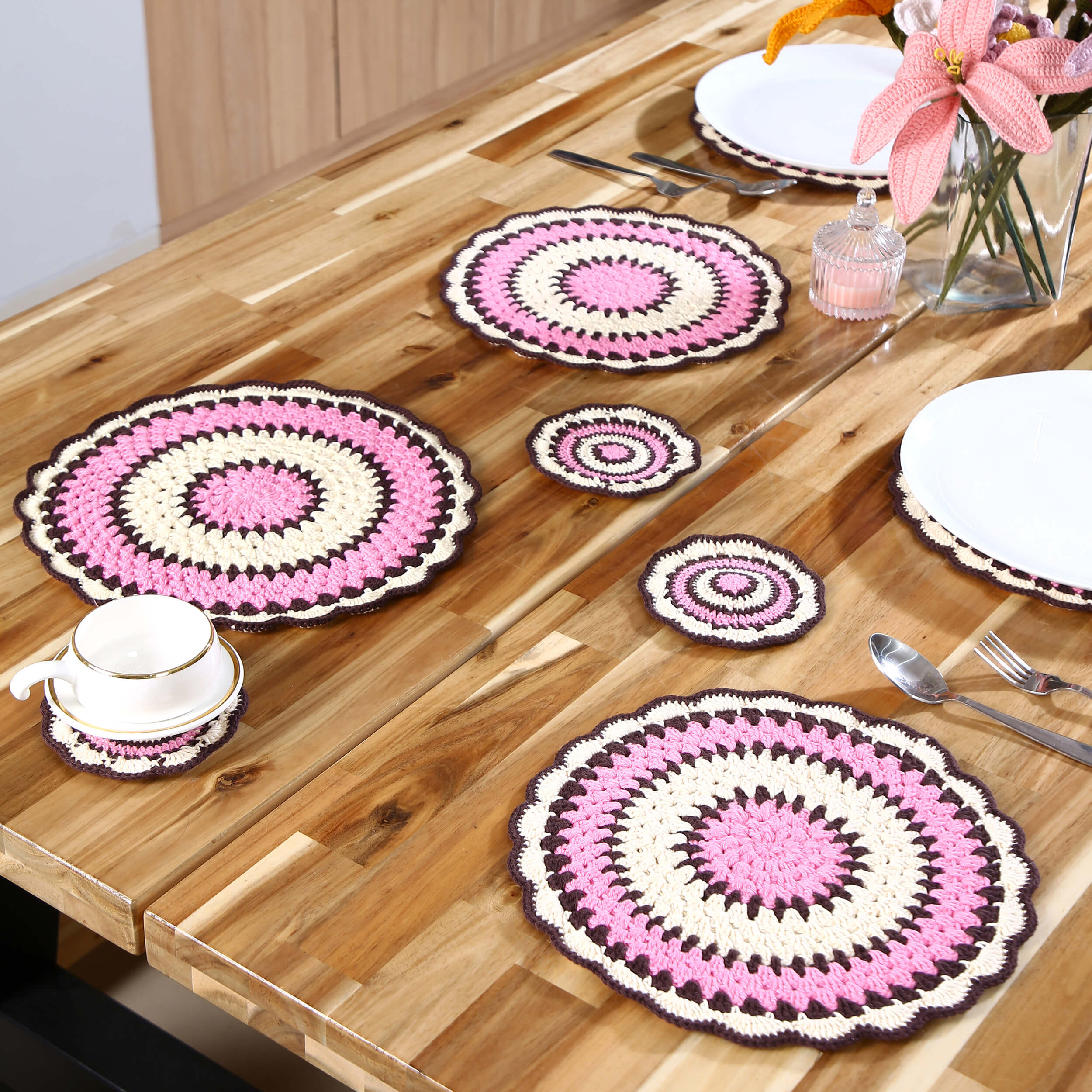 Handmade Placemats & Coasters Set - 10383 Pink