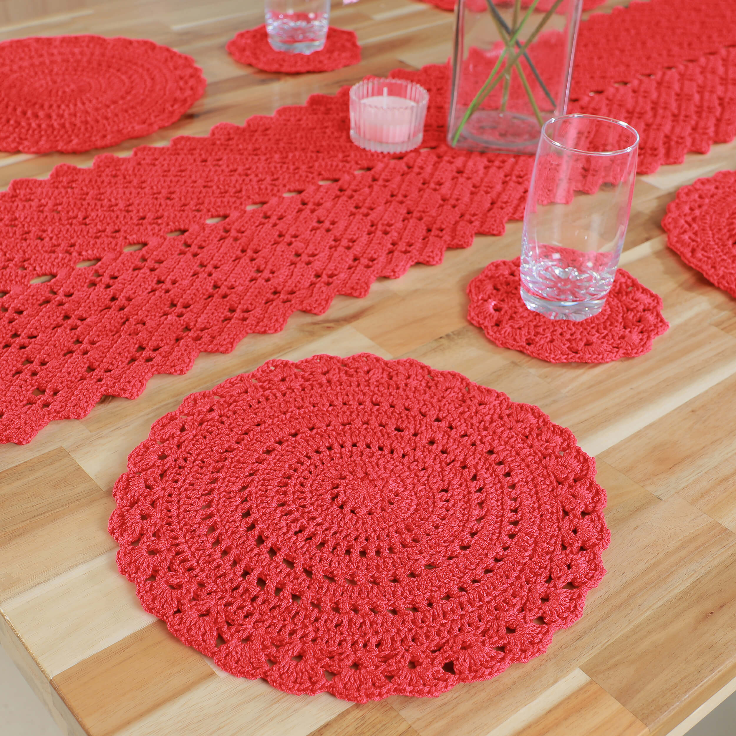 Handmade Table Runner, Placemats & Coasters Set - 10385 Red
