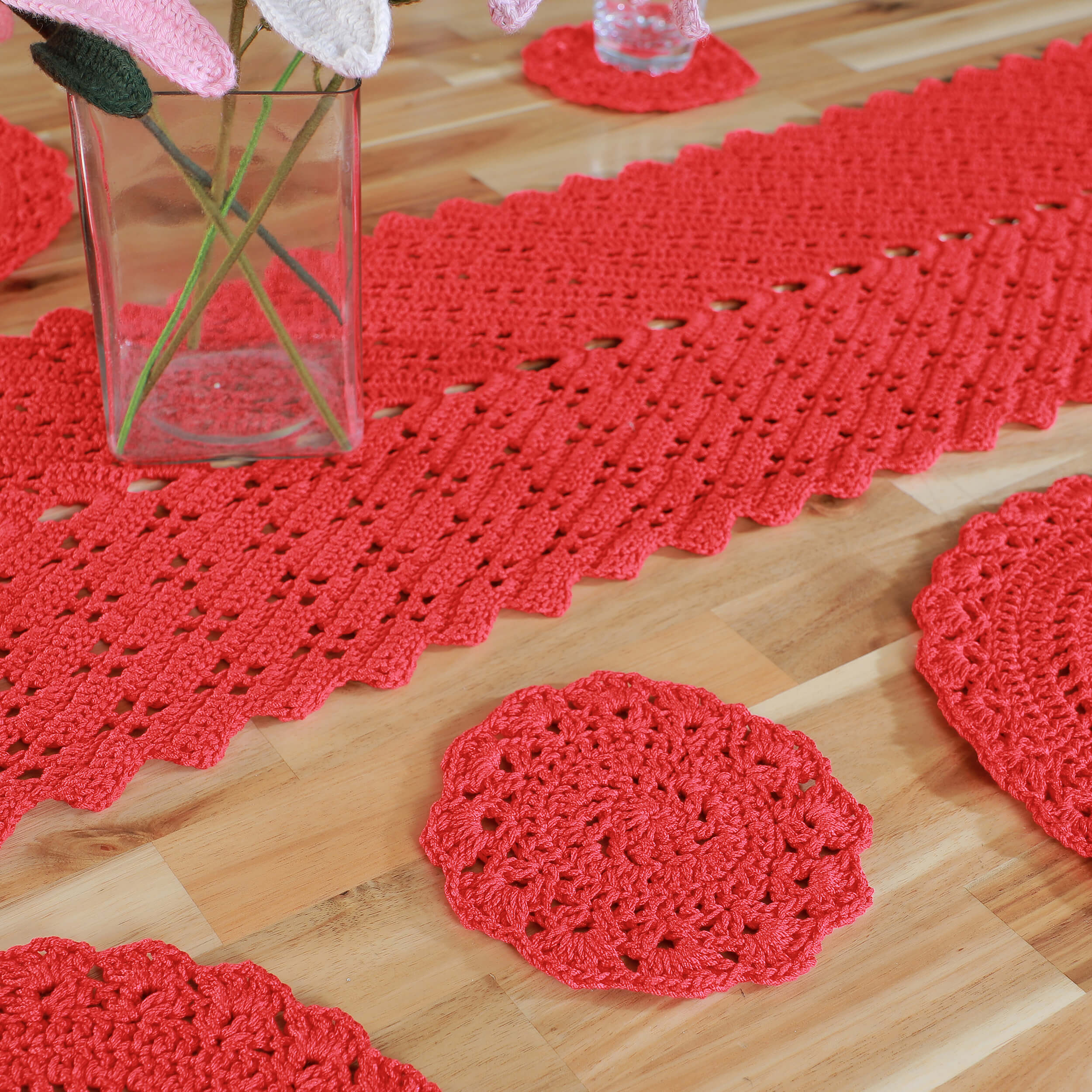 Handmade Table Runner, Placemats & Coasters Set - 10385 Red