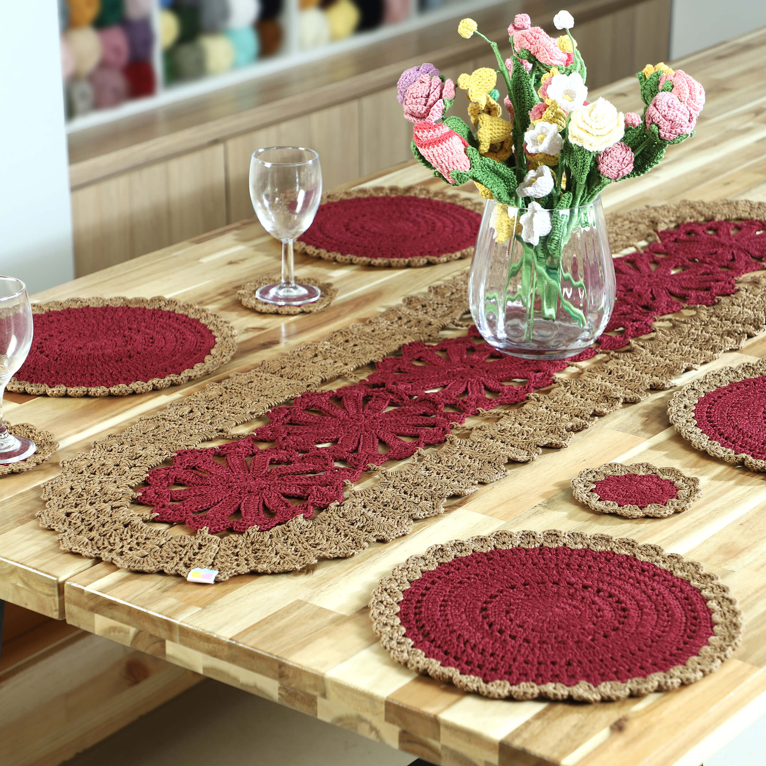 Handmade Table Runner, Placemats & Coasters Set - 10386 Maroon/Khaki