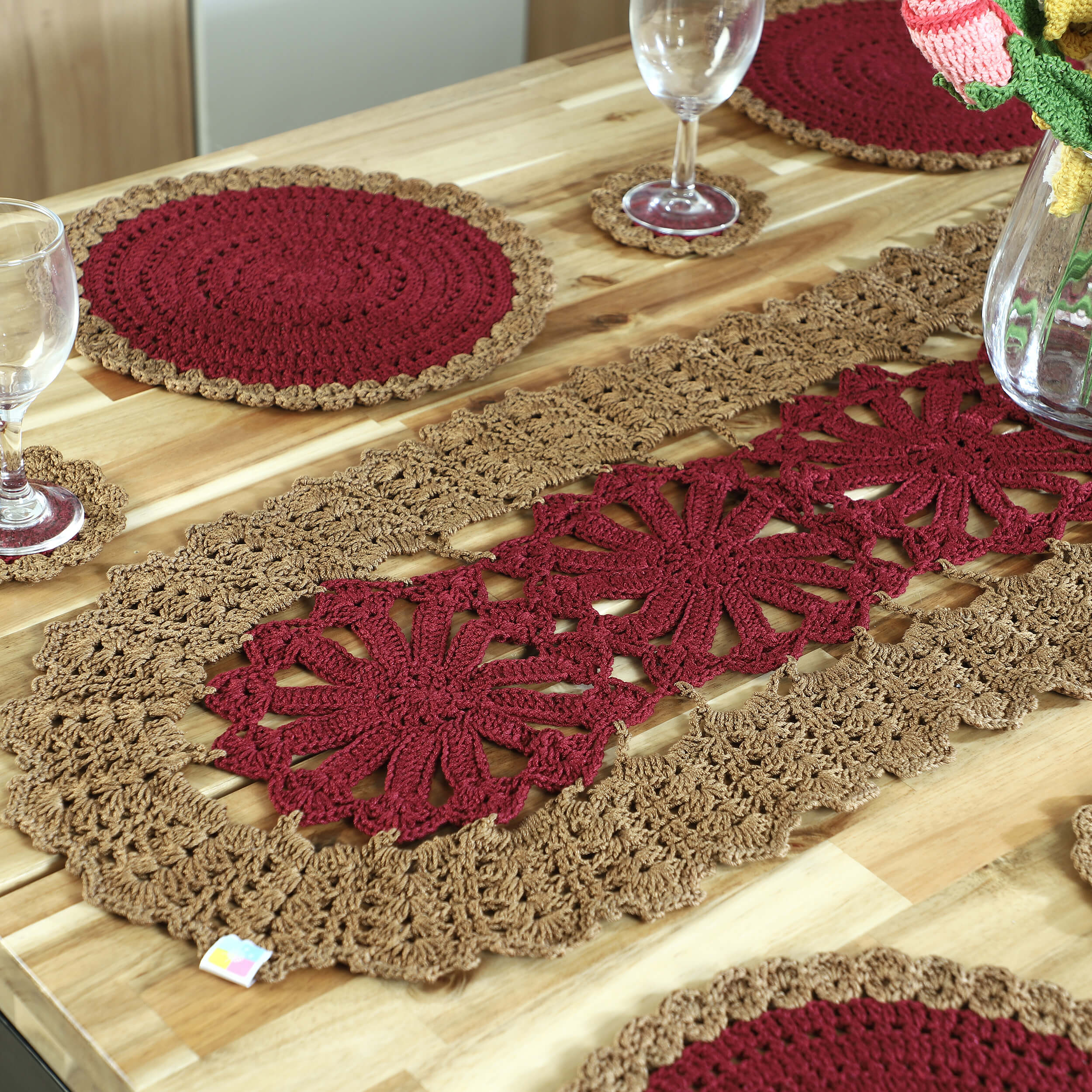 Handmade Table Runner, Placemats & Coasters Set - 10386 Maroon/Khaki