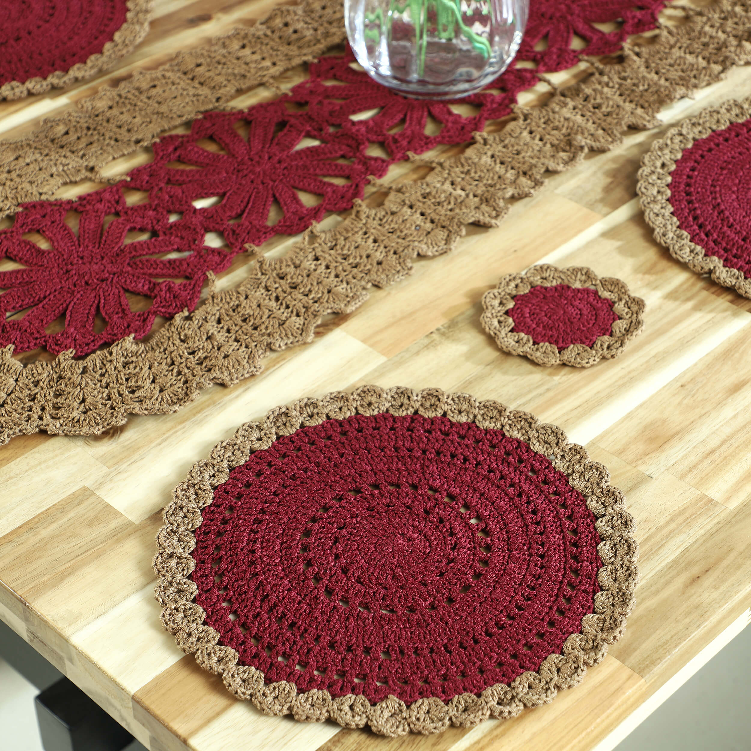 Handmade Table Runner, Placemats & Coasters Set - 10386 Maroon/Khaki
