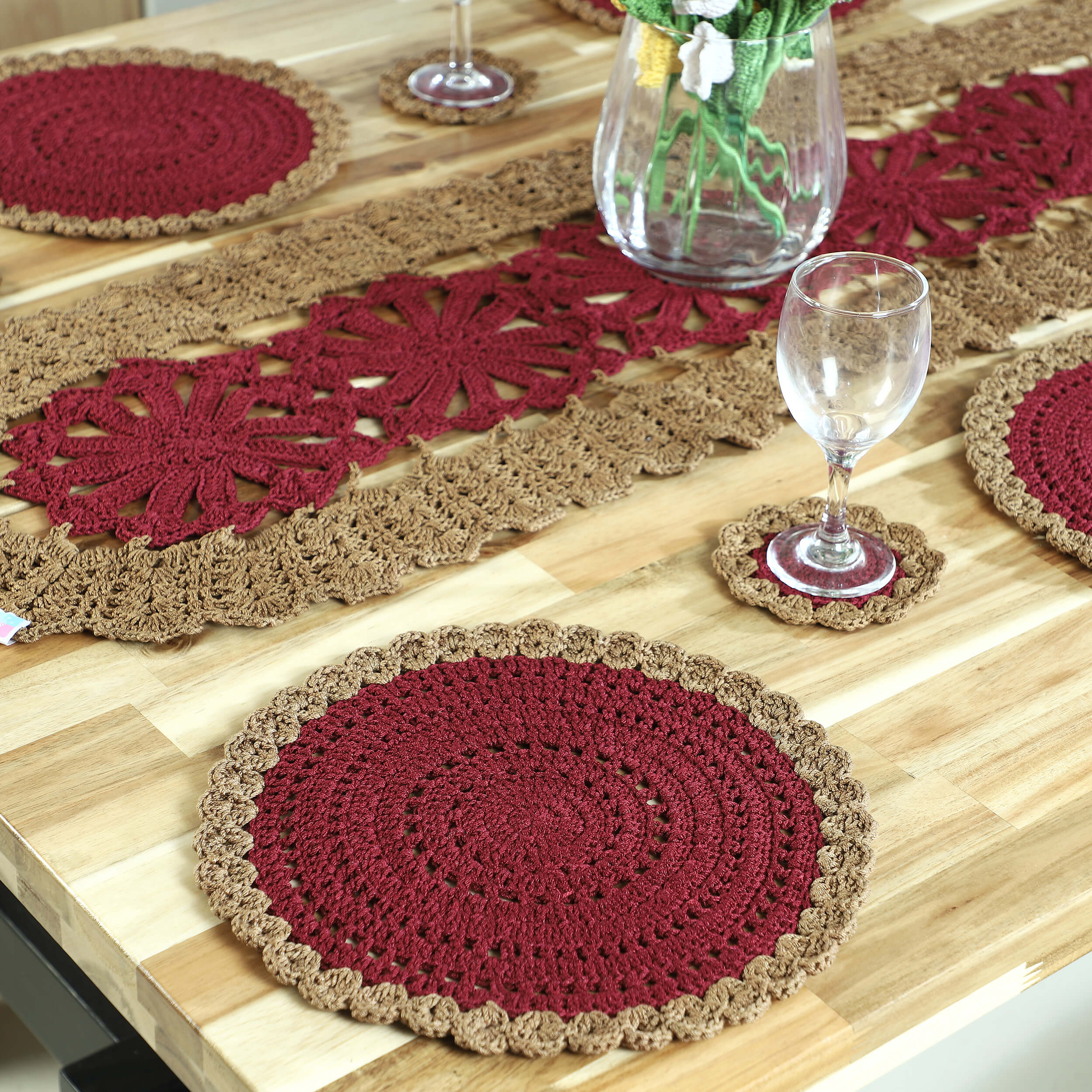 Handmade Table Runner, Placemats & Coasters Set - 10386 Maroon/Khaki