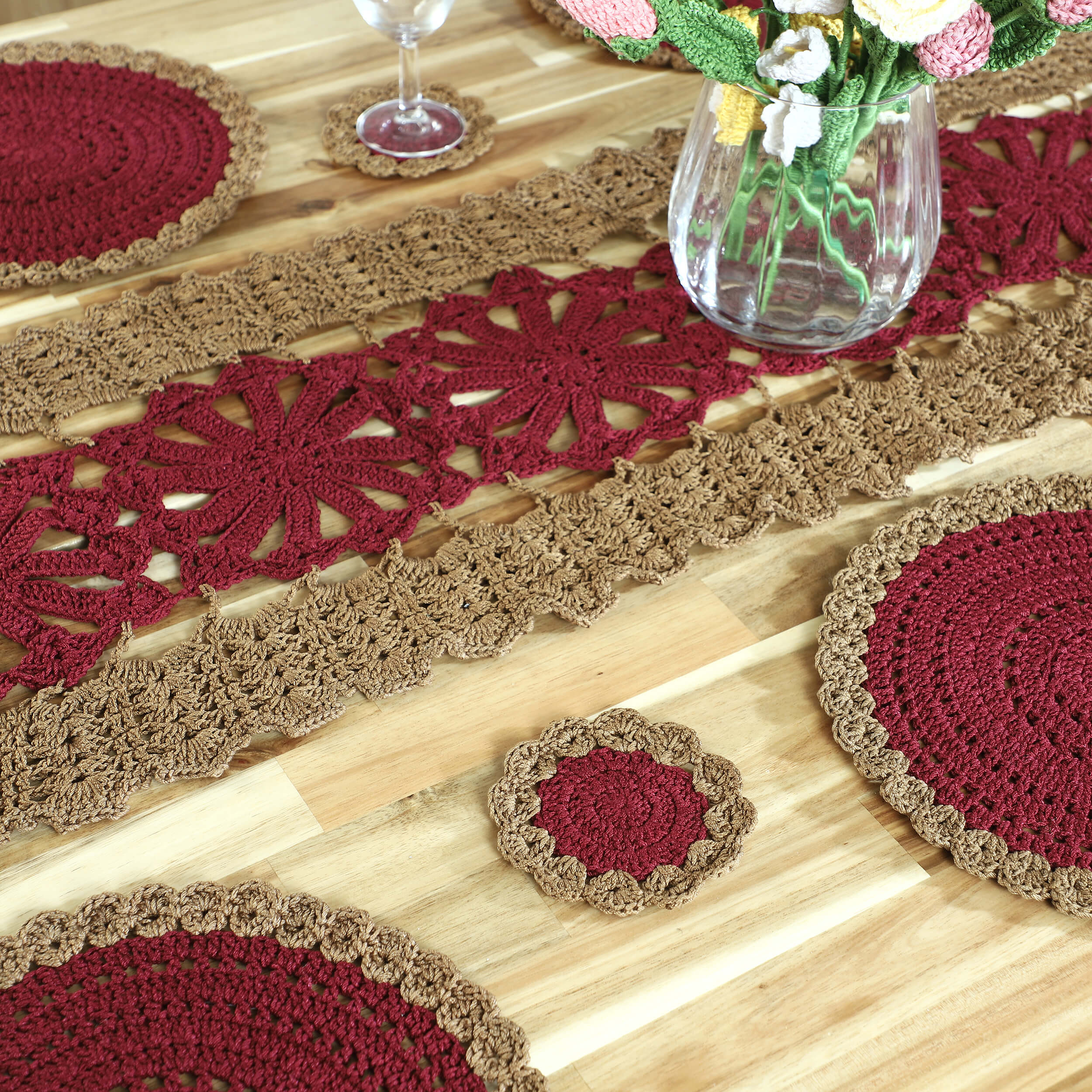 Handmade Table Runner, Placemats & Coasters Set - 10386 Maroon/Khaki