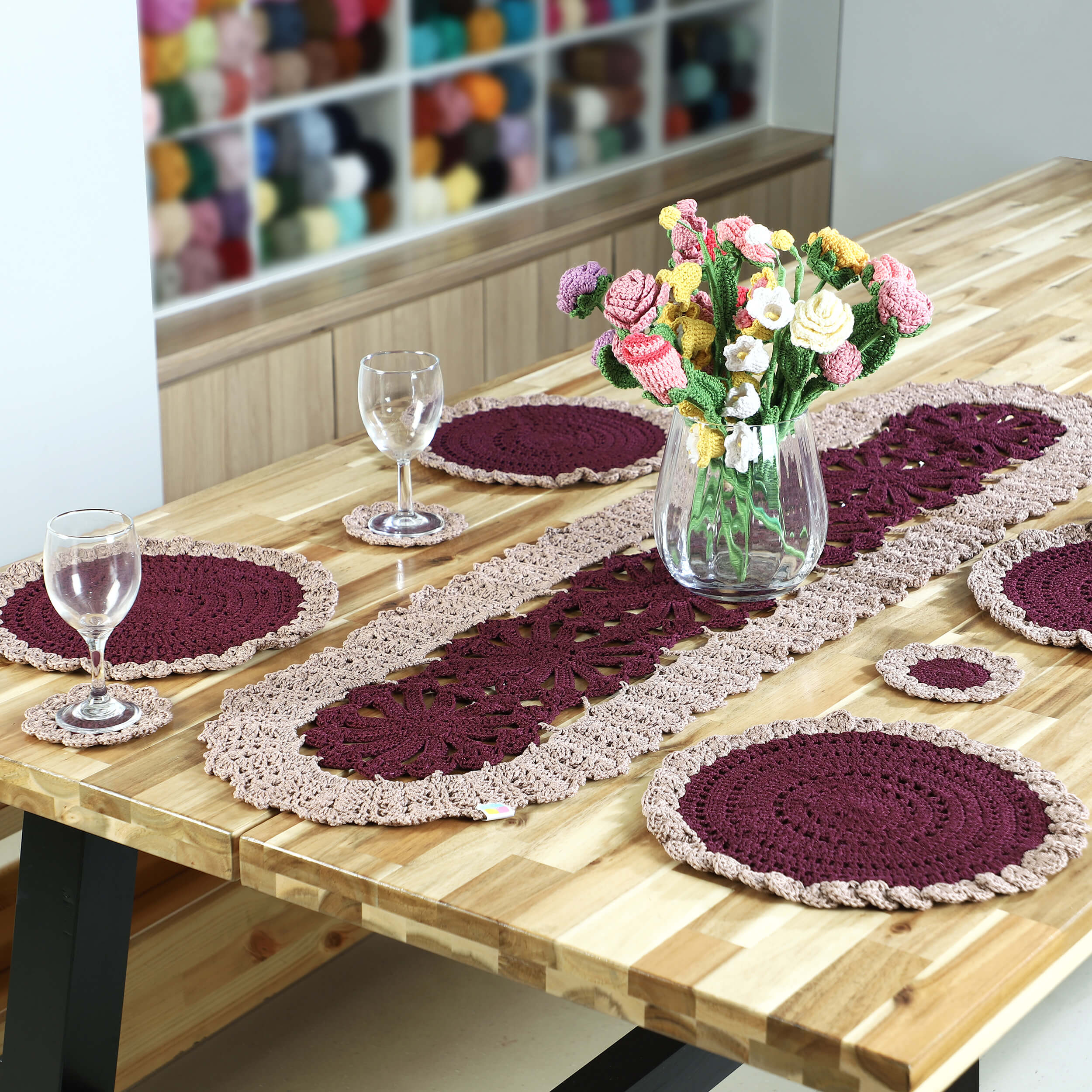 Handmade Table Runner, Placemats & Coasters Set - 10387 Wine/Beige