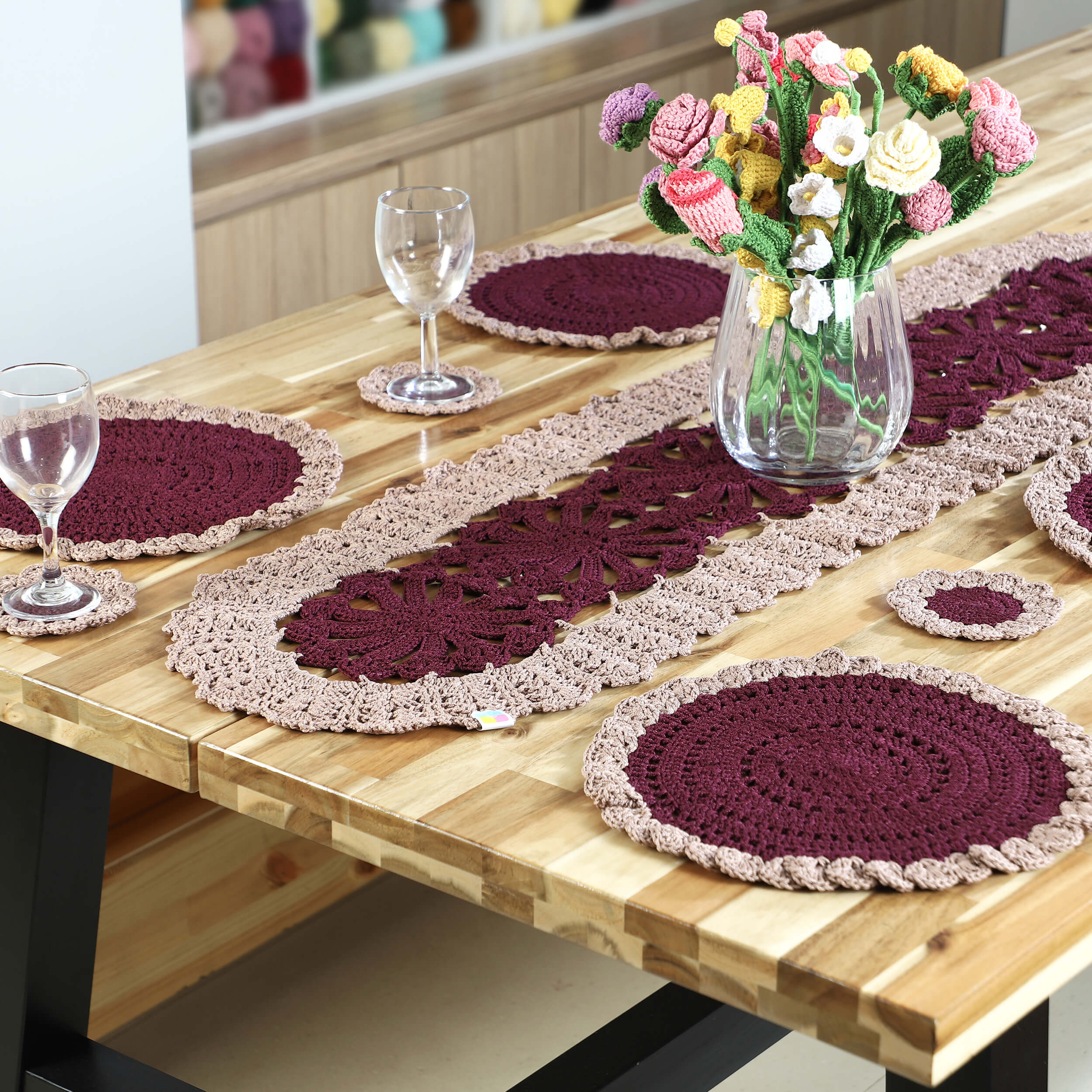 Handmade Table Runner, Placemats & Coasters Set - 10387 Wine/Beige