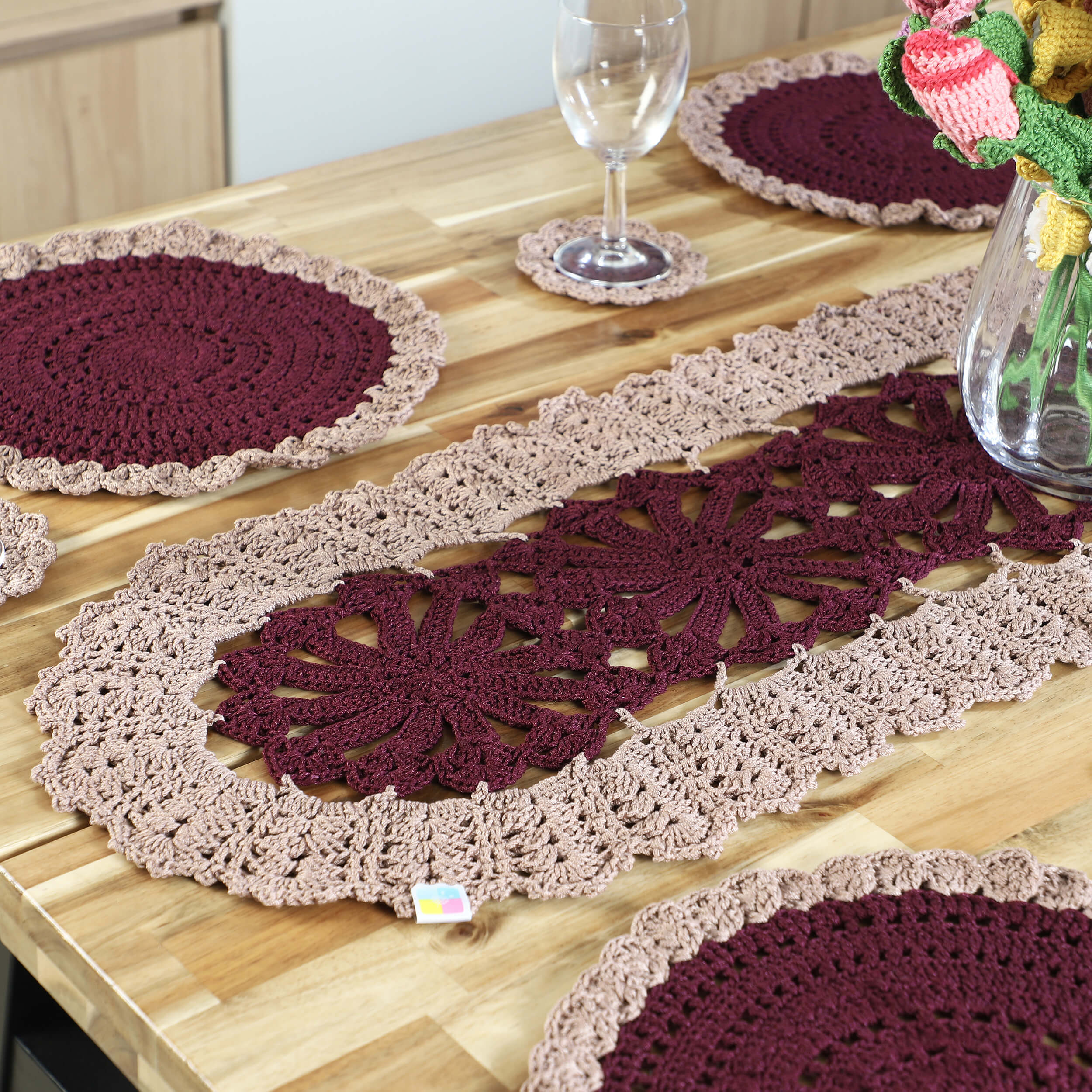 Handmade Table Runner, Placemats & Coasters Set - 10387 Wine/Beige