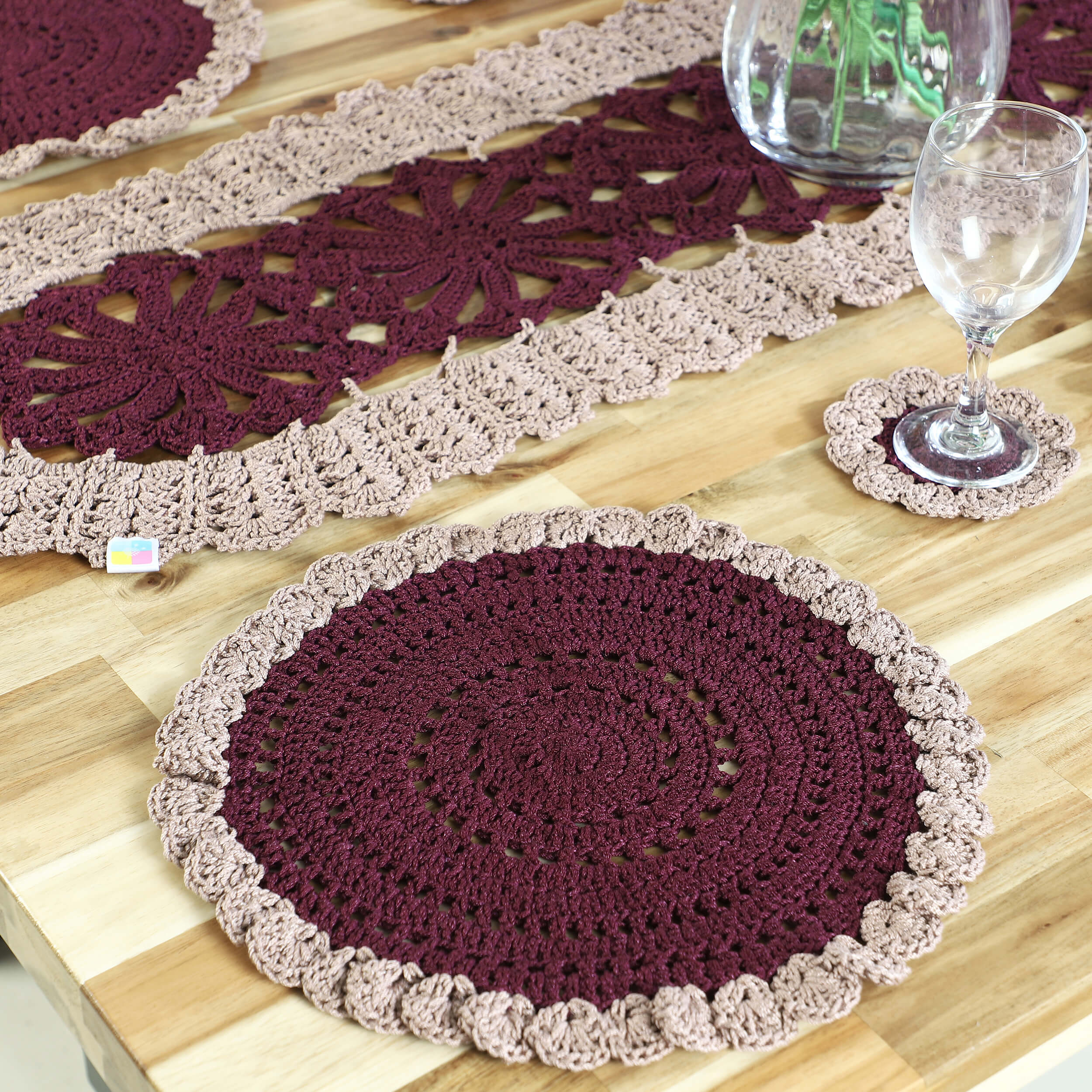 Handmade Table Runner, Placemats & Coasters Set - 10387 Wine/Beige