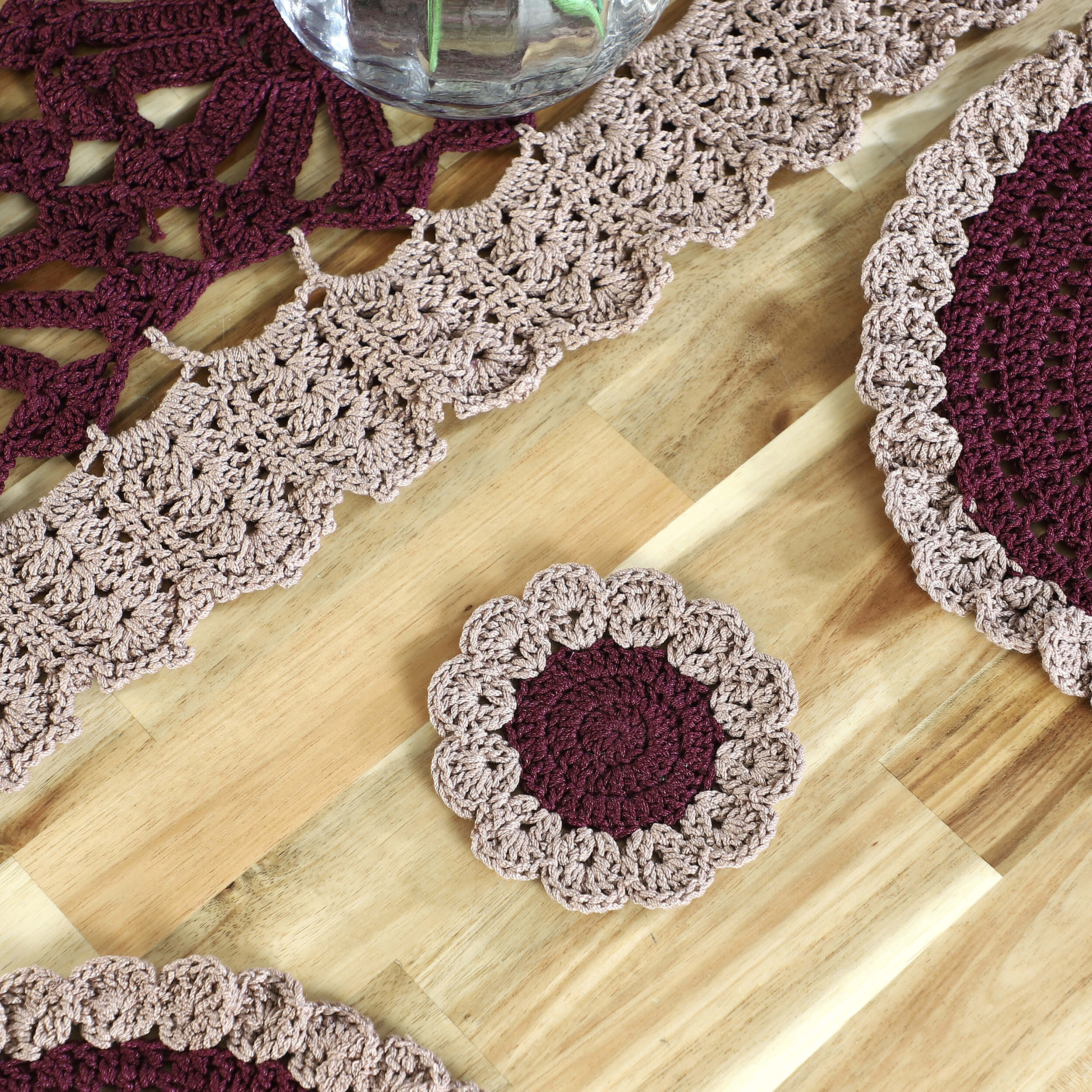 Handmade Table Runner, Placemats & Coasters Set - 10387 Wine/Beige