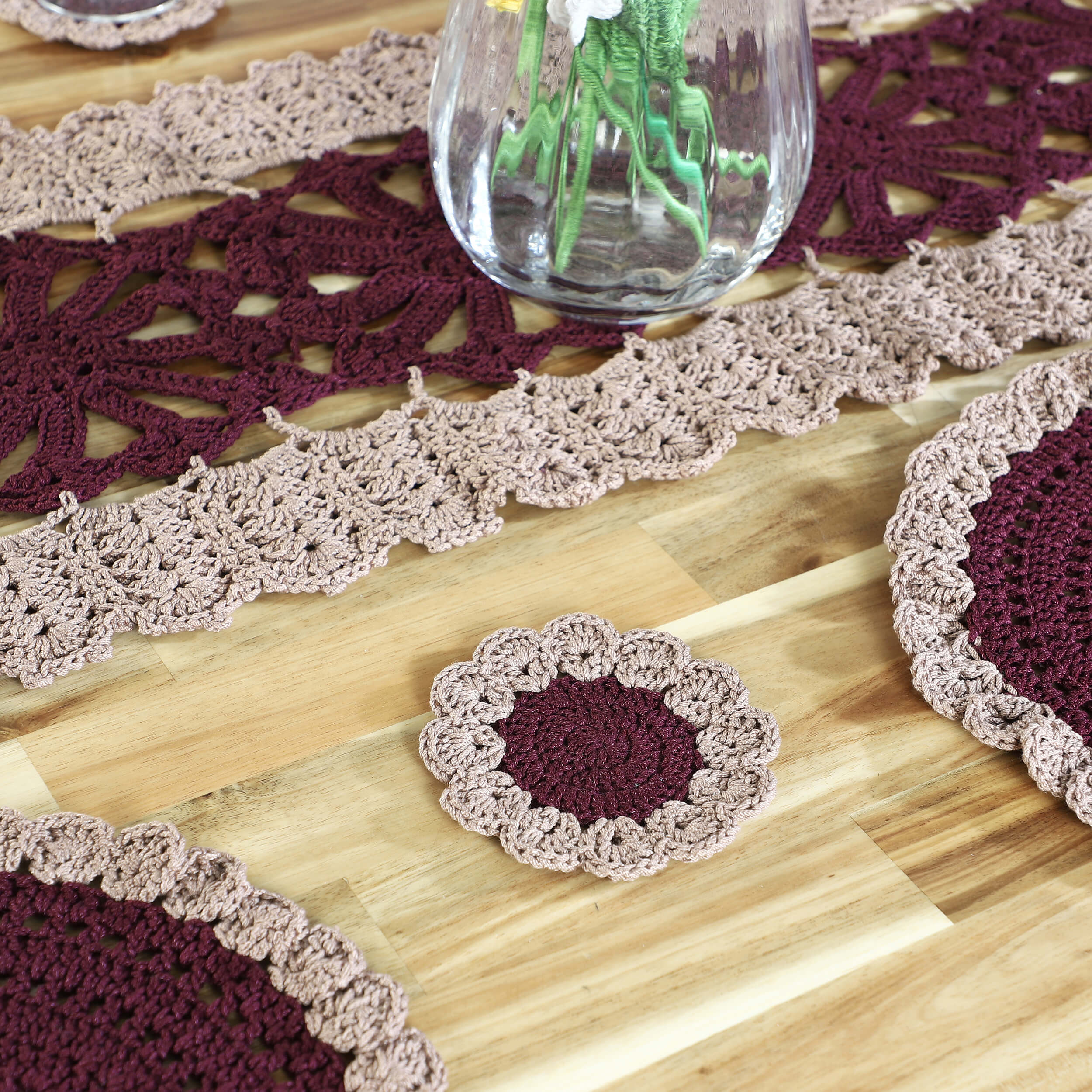 Handmade Table Runner, Placemats & Coasters Set - 10387 Wine/Beige