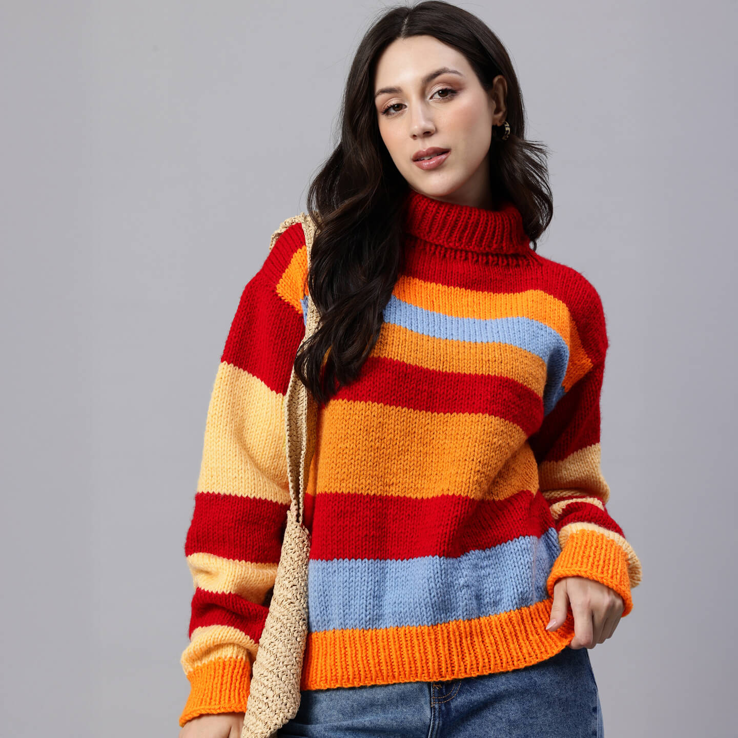 Red Handknitted Self Design Pullover - 10413