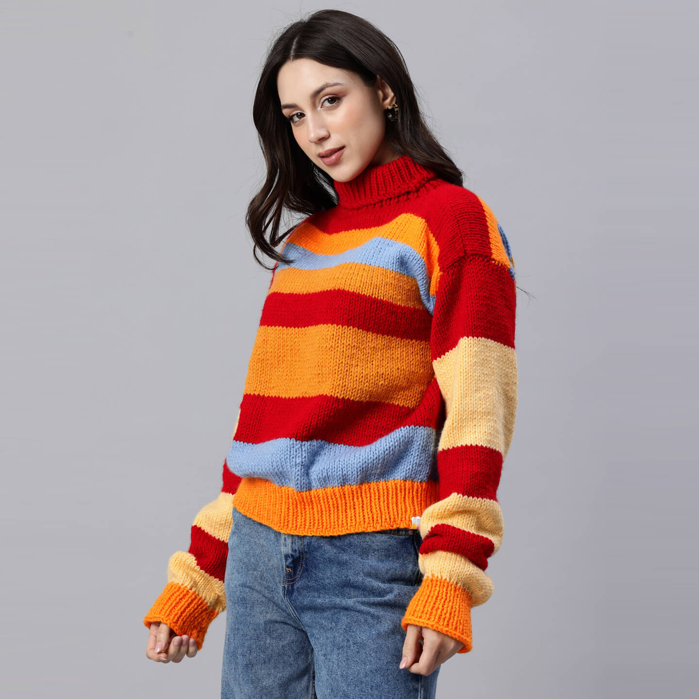 Red Handknitted Self Design Pullover - 10413