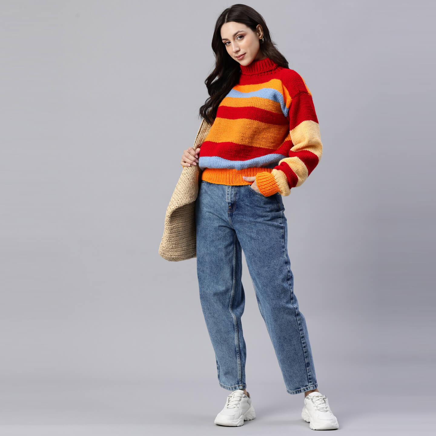 Red Handknitted Self Design Pullover - 10413