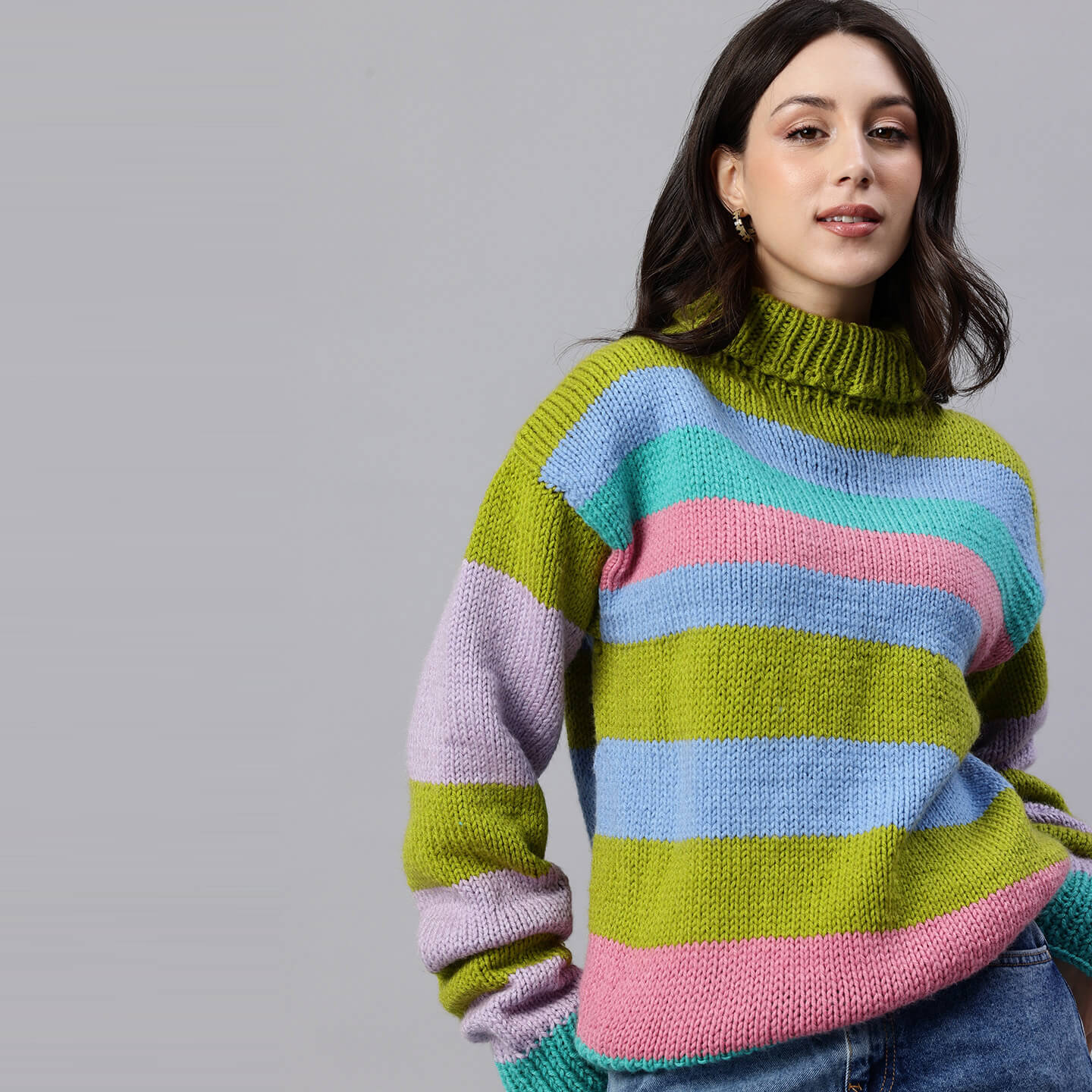 Olive Green Handknitted Self Design Pullover - 10414