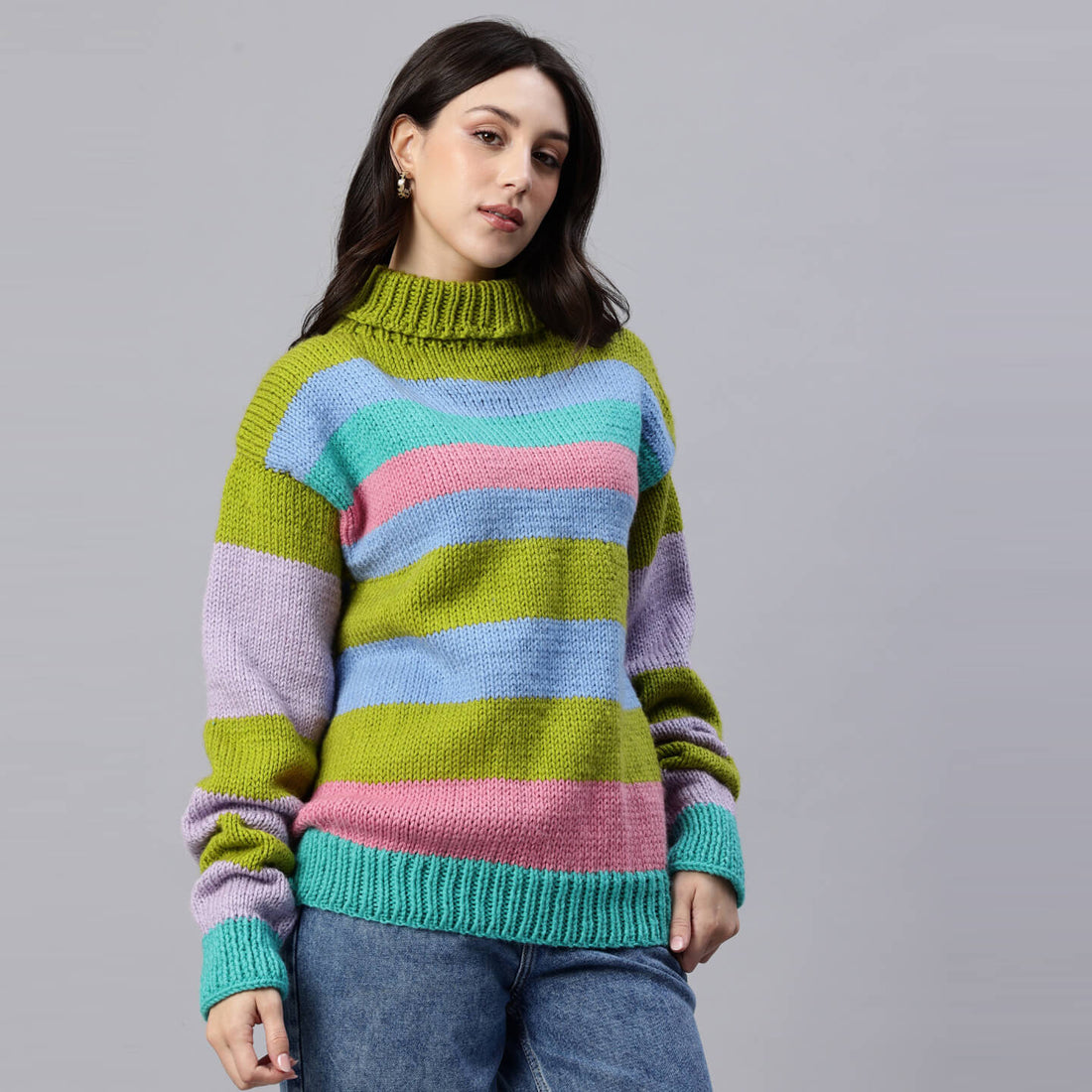 Olive Green Handknitted Self Design Pullover - 10414