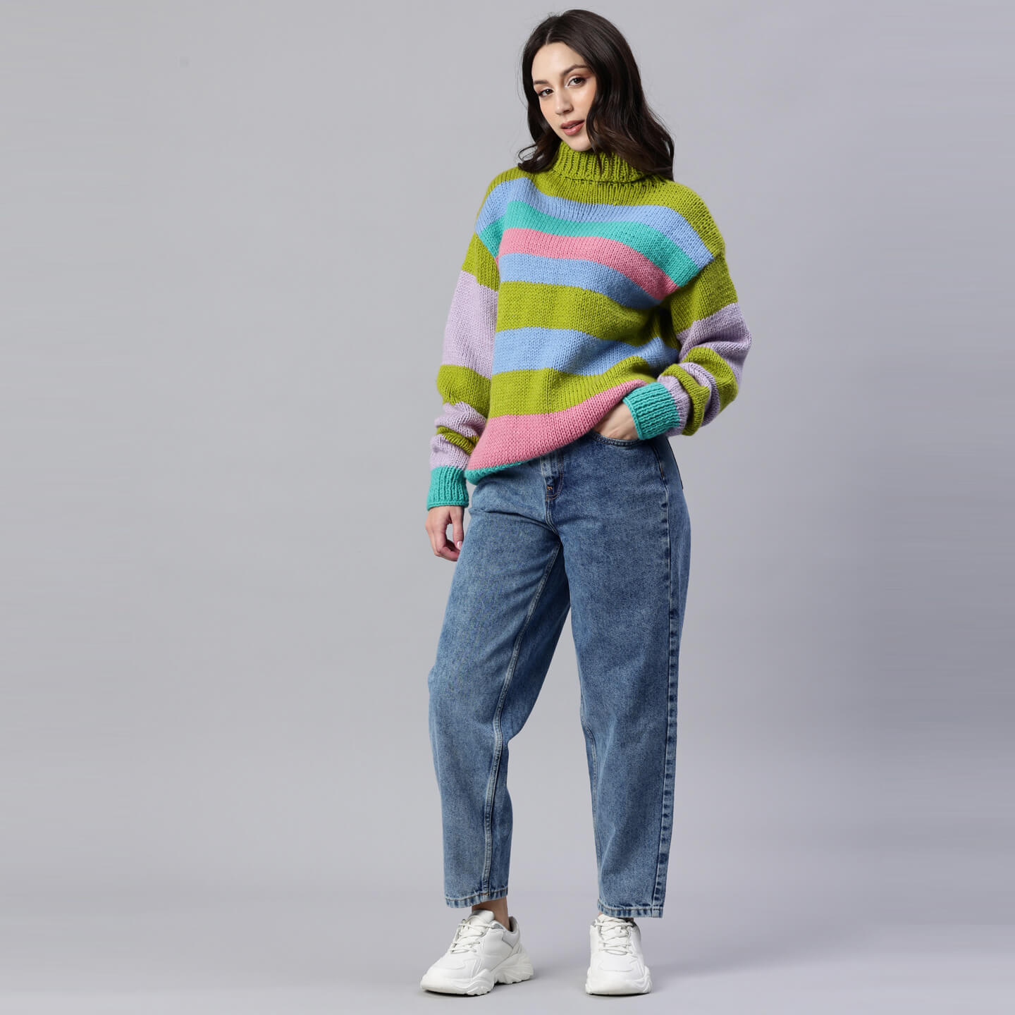 Olive Green Handknitted Self Design Pullover - 10414