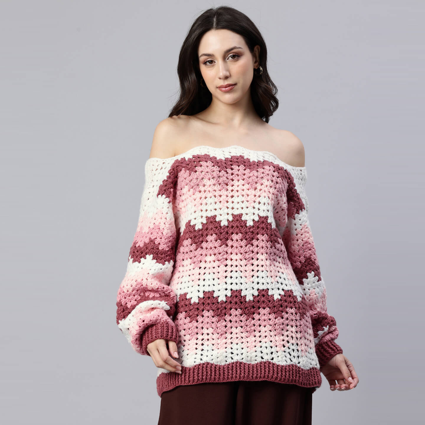 Pink Handmade Self Design Waves Crochet Pullover - 10415