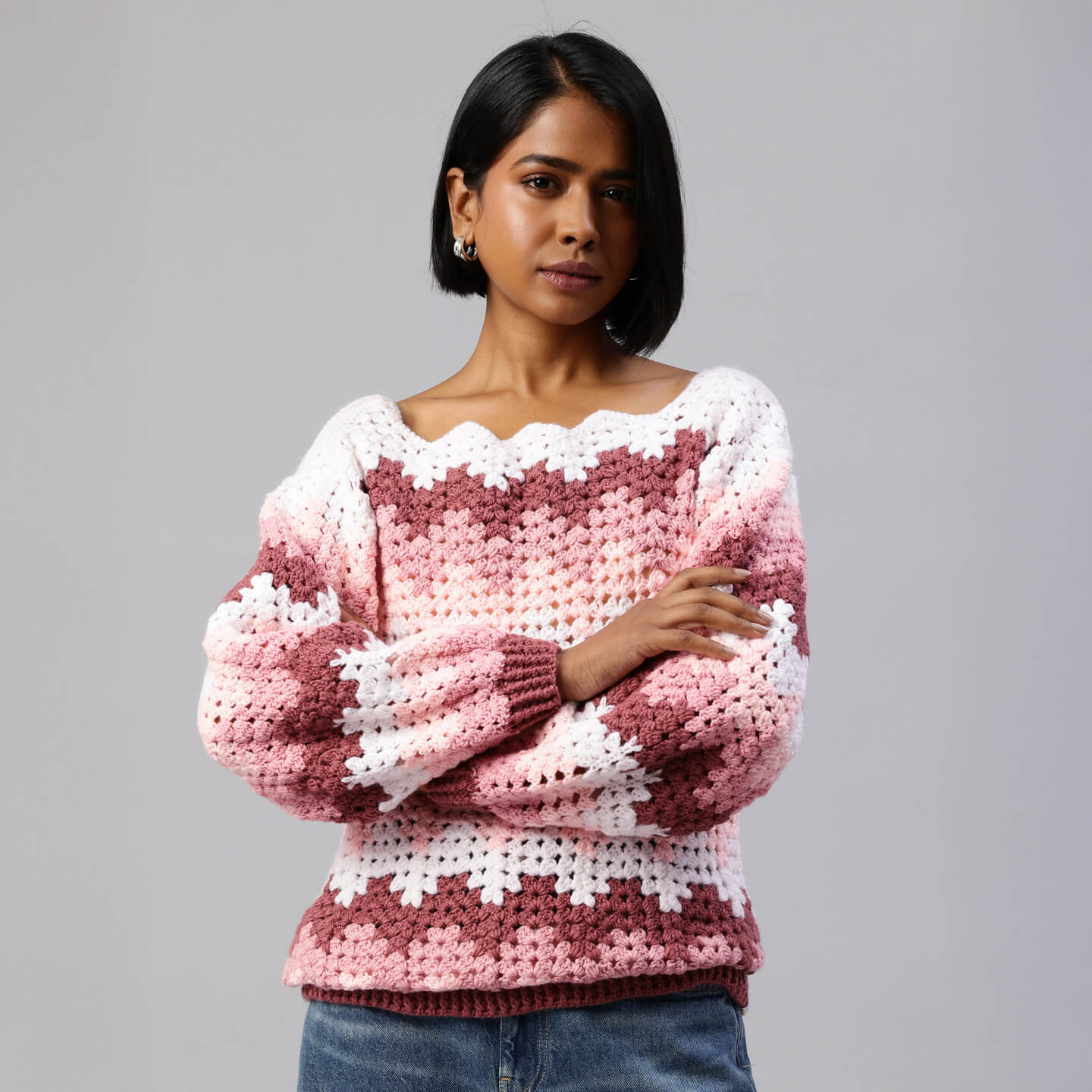 Pink Handmade Self Design Waves Crochet Pullover - 10415