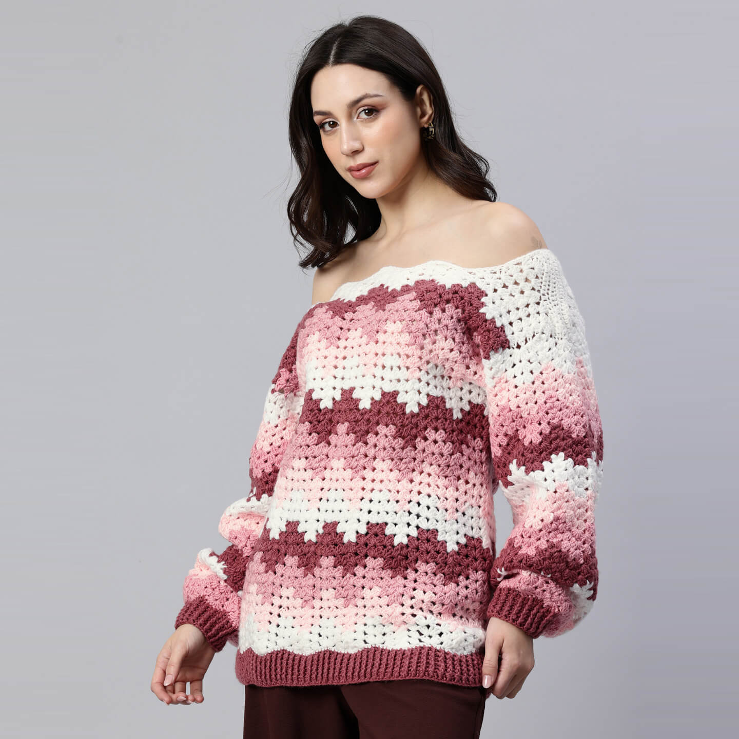 Pink Handmade Self Design Waves Crochet Pullover - 10415