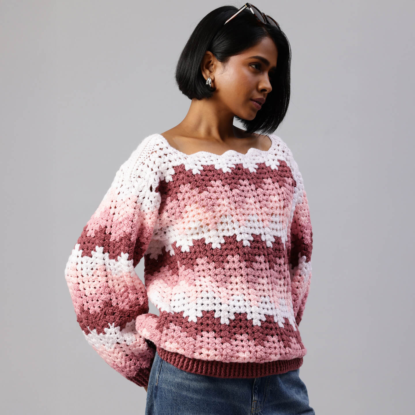 Pink Handmade Self Design Waves Crochet Pullover - 10415