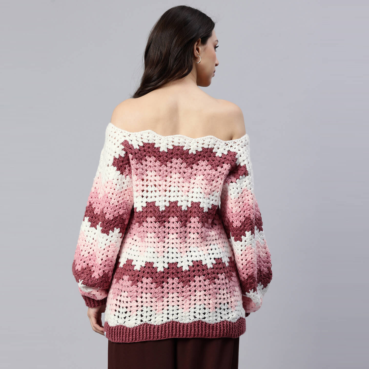 Pink Handmade Self Design Waves Crochet Pullover - 10415