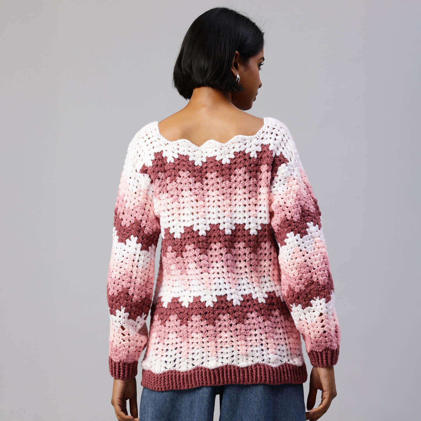 Pink Handmade Self Design Waves Crochet Pullover - 10415