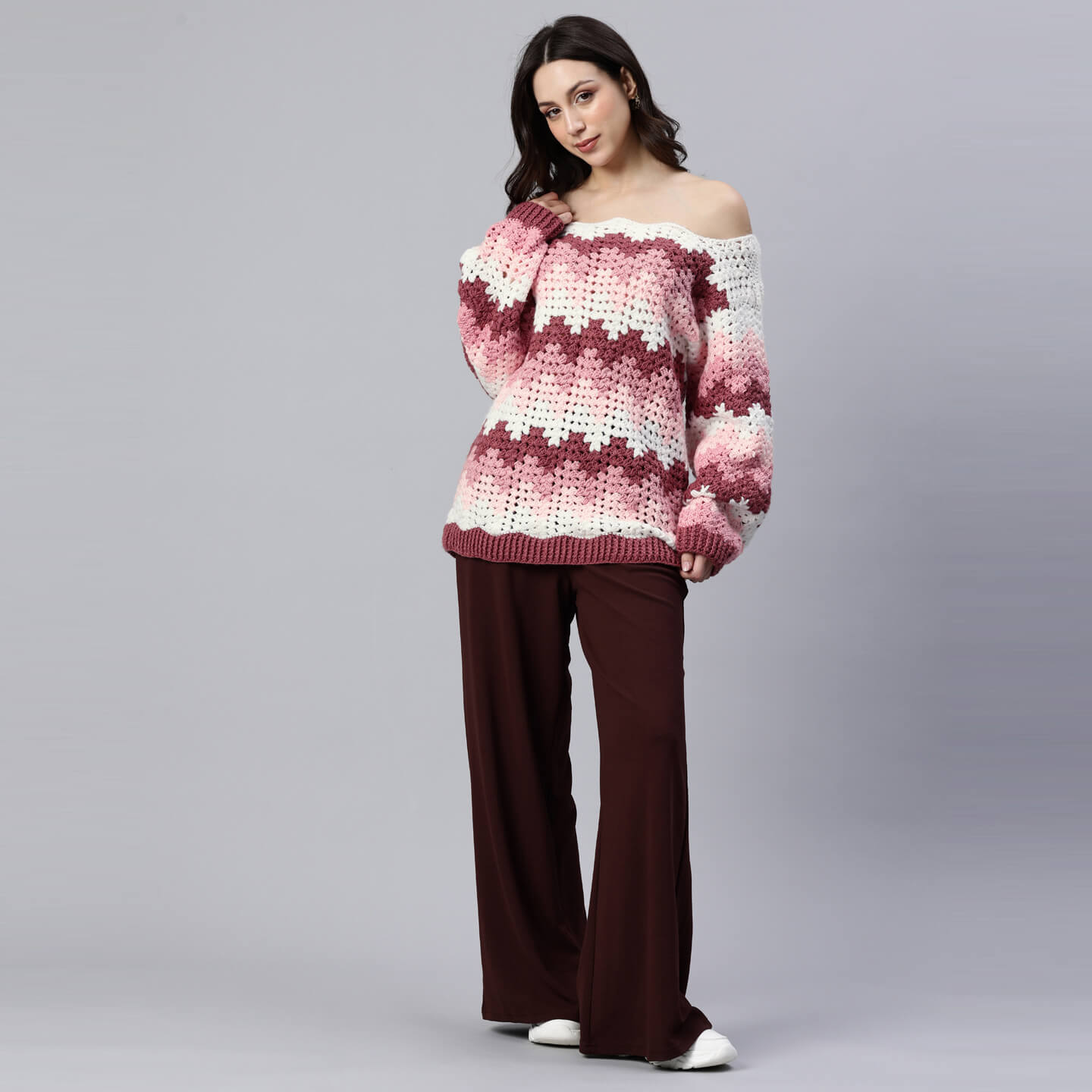 Pink Handmade Self Design Waves Crochet Pullover - 10415