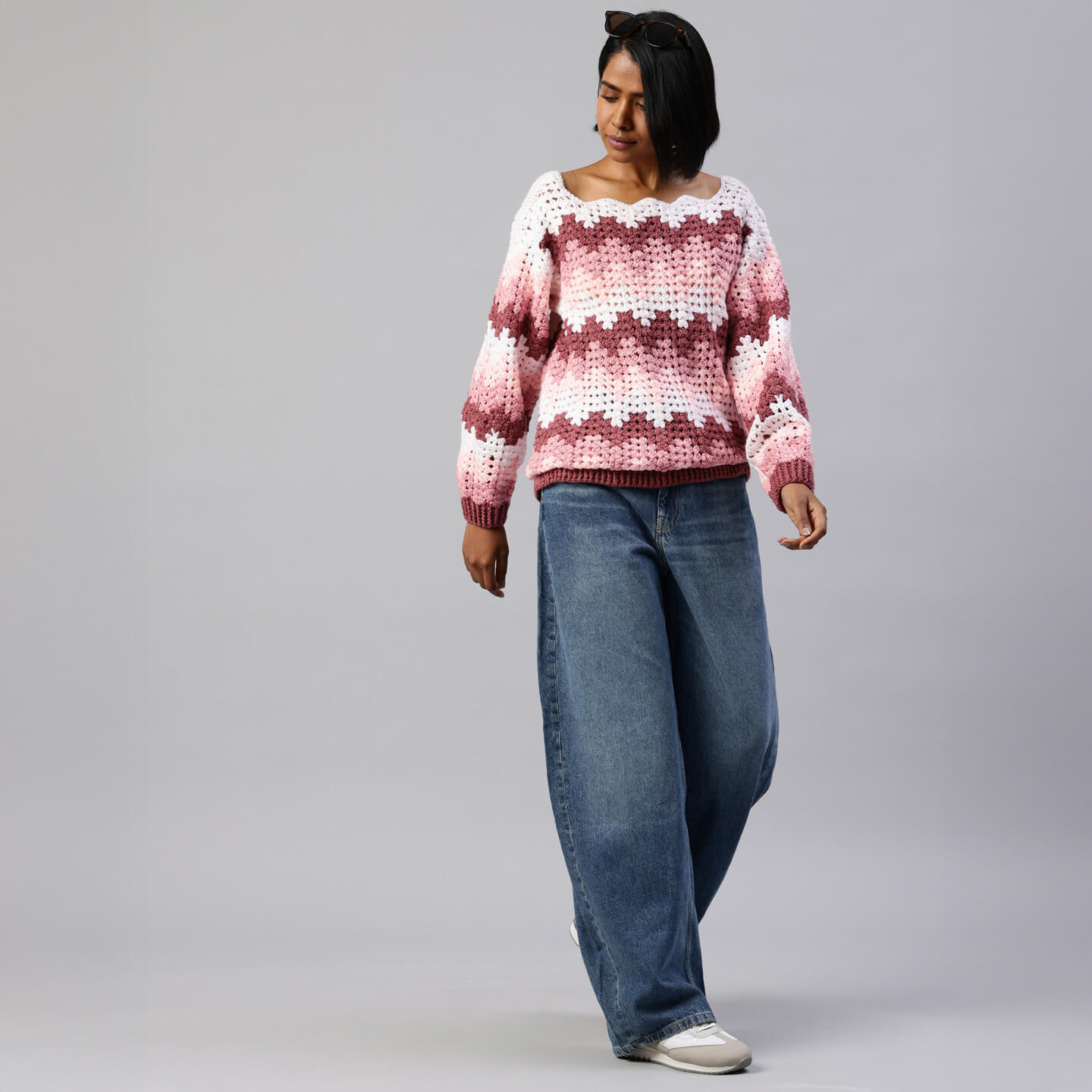 Pink Handmade Self Design Waves Crochet Pullover - 10415