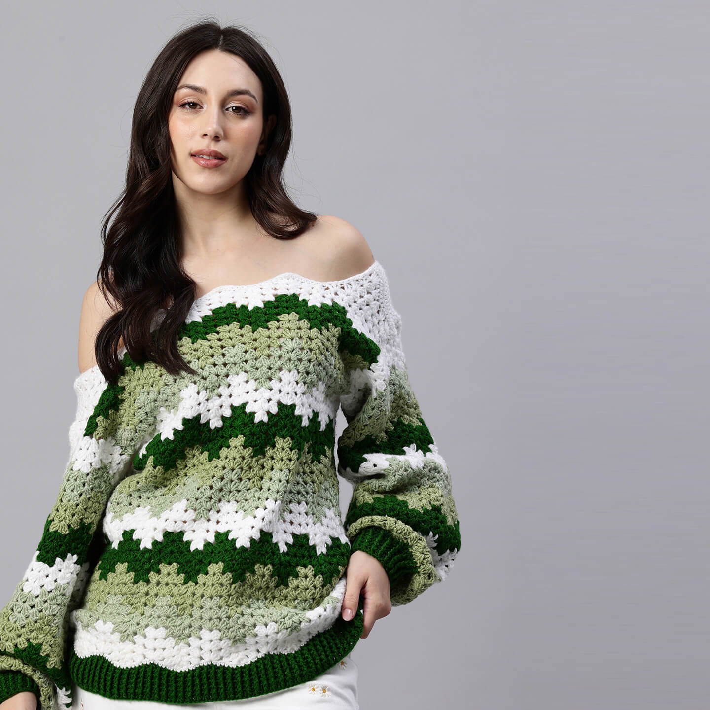 Green Handmade Self Design Waves Crochet Pullover - 10416