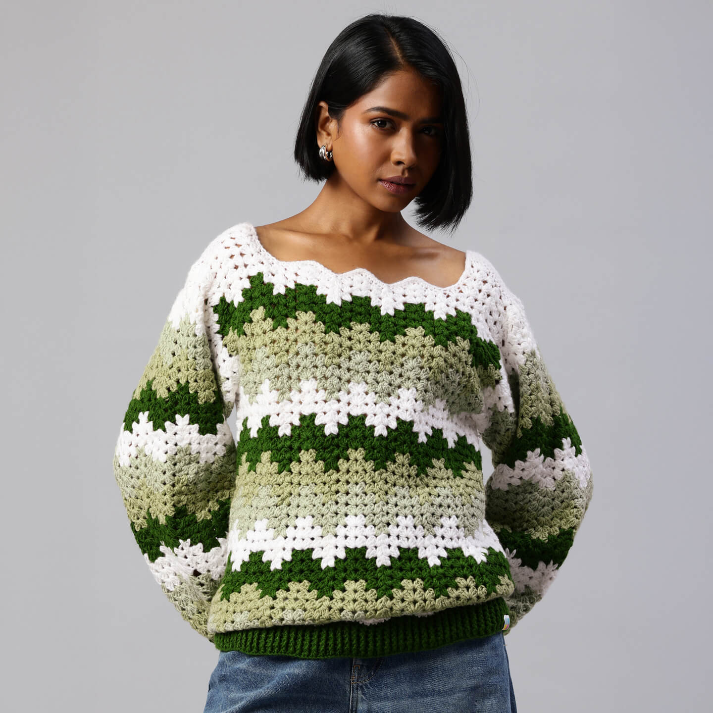 Green Handmade Self Design Waves Crochet Pullover - 10416