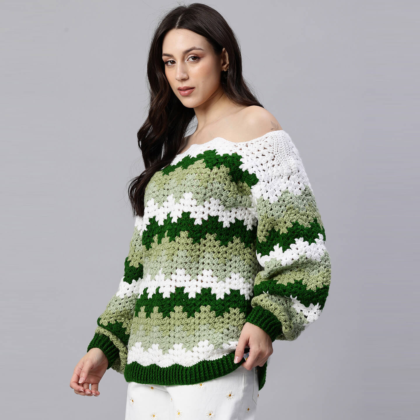 Green Handmade Self Design Waves Crochet Pullover - 10416