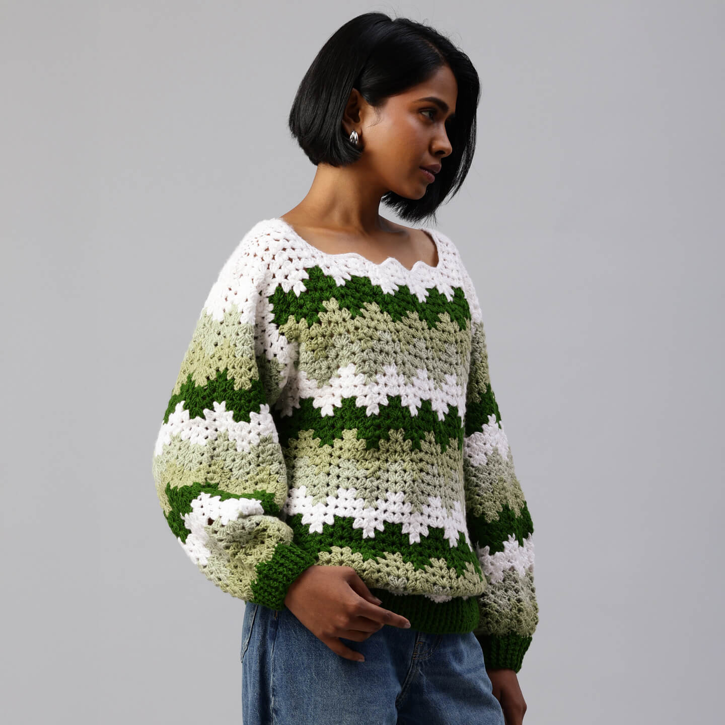 Green Handmade Self Design Waves Crochet Pullover - 10416
