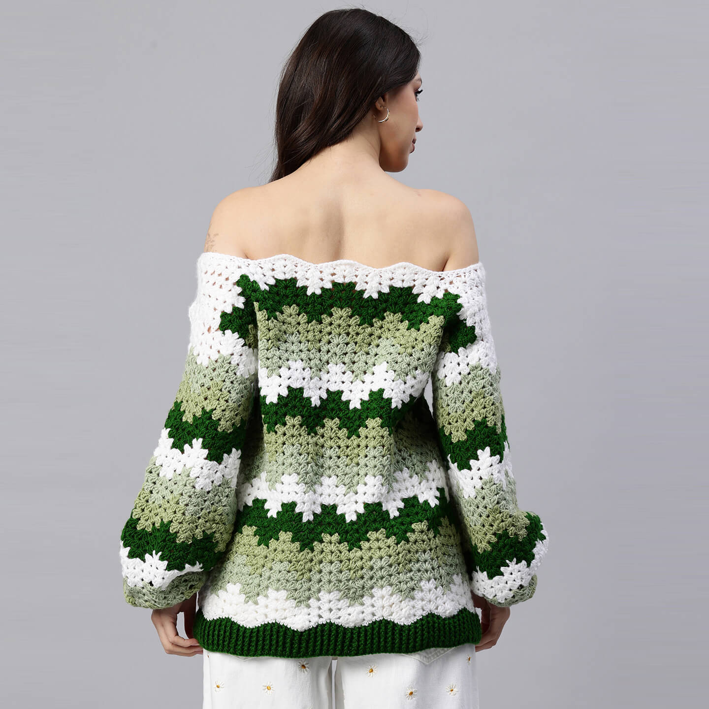 Green Handmade Self Design Waves Crochet Pullover - 10416