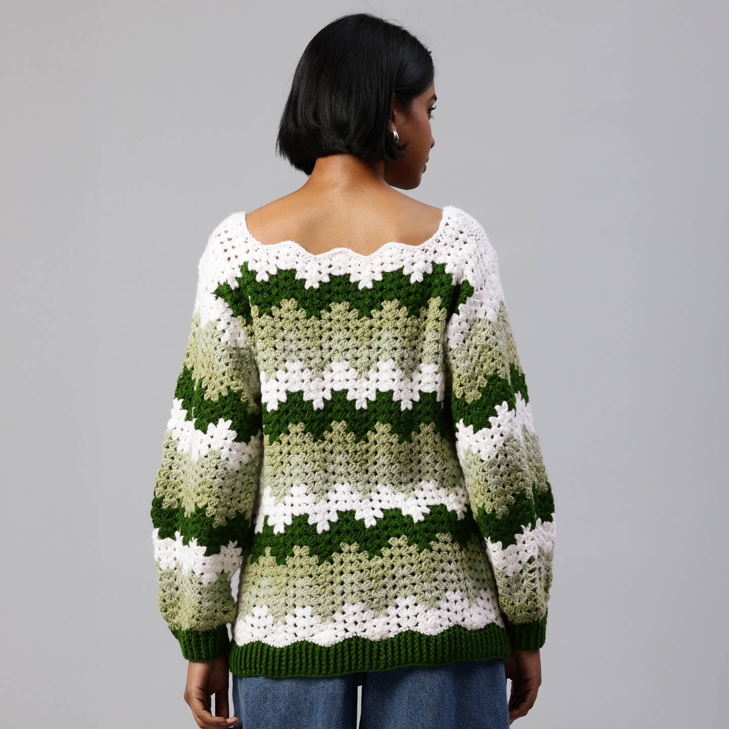 Green Handmade Self Design Waves Crochet Pullover - 10416