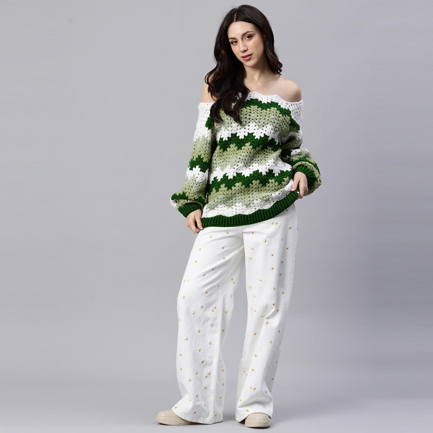 Green Handmade Self Design Waves Crochet Pullover - 10416