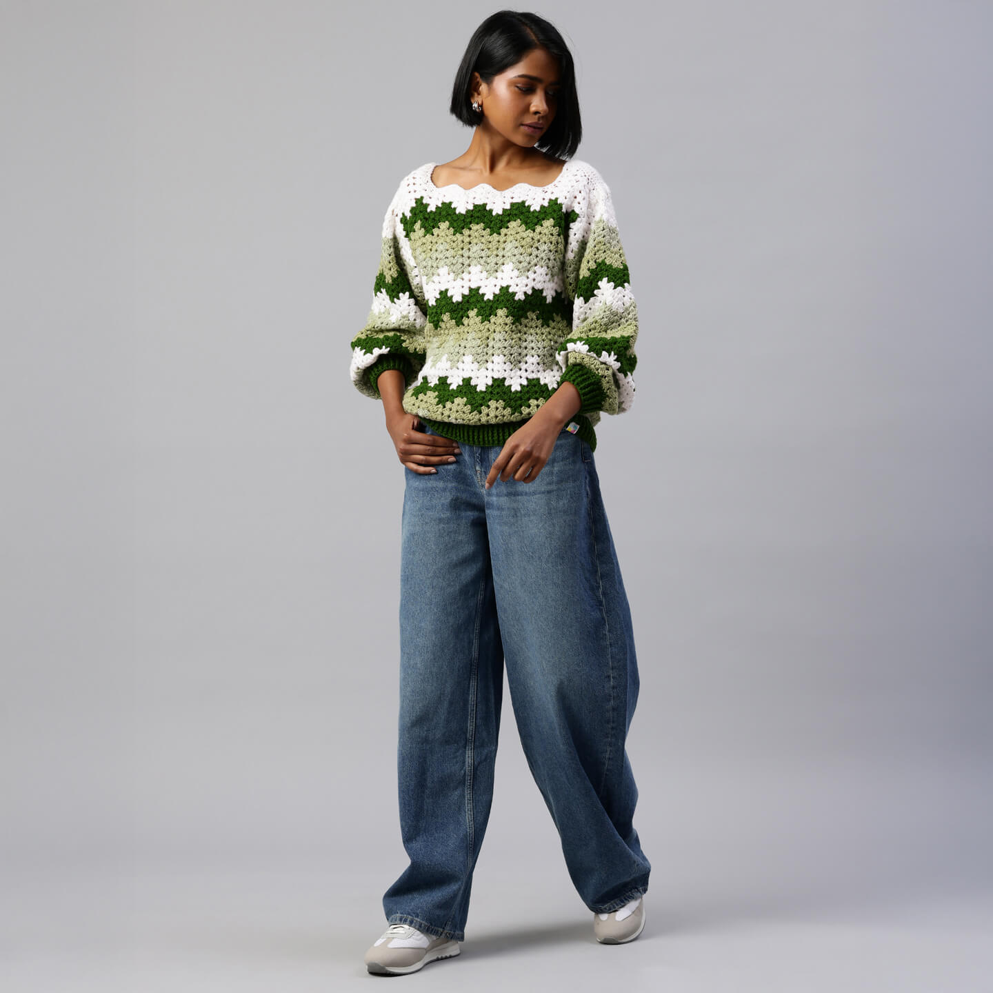 Green Handmade Self Design Waves Crochet Pullover - 10416