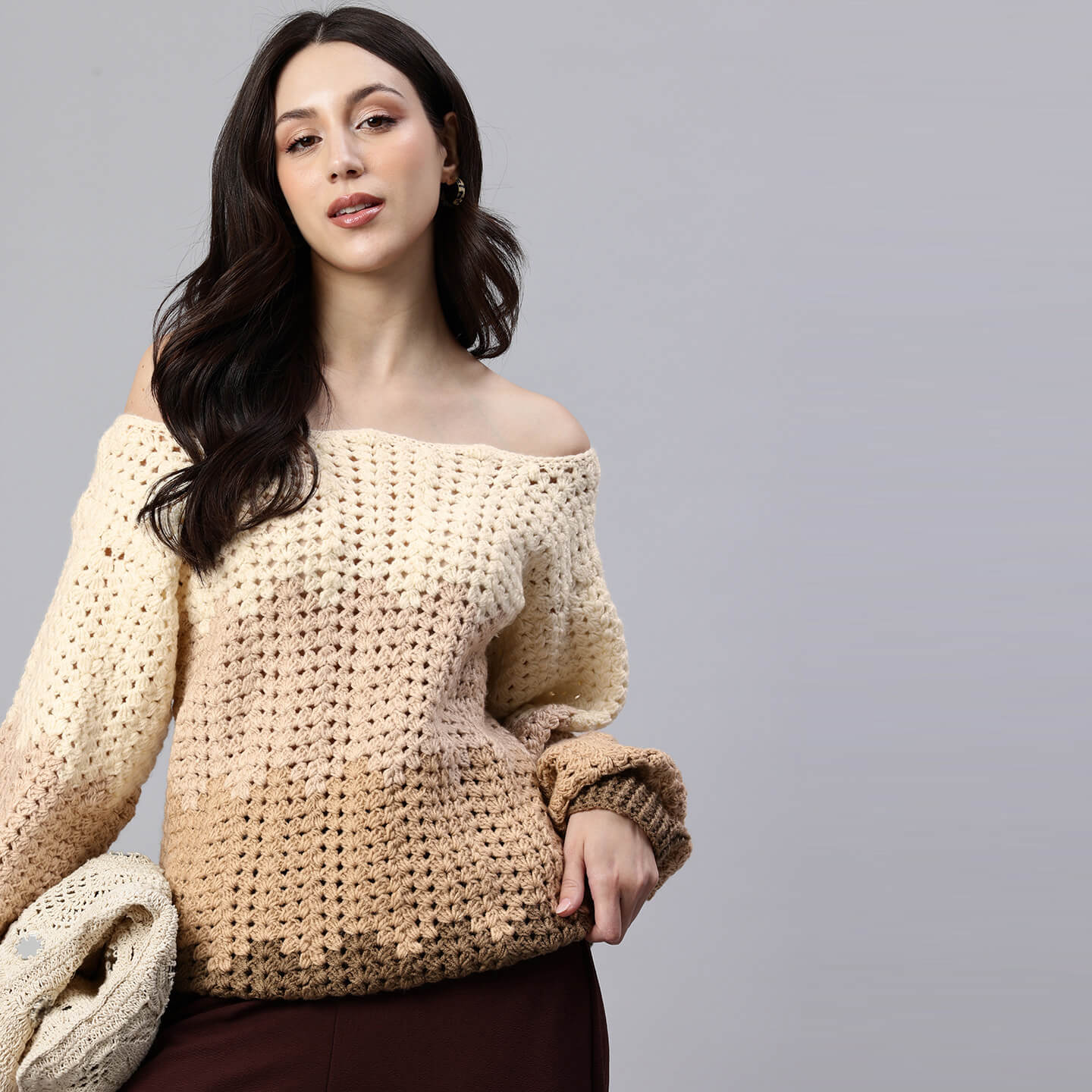 Brown Handmade Self Design Waves Crochet Pullover - 10417