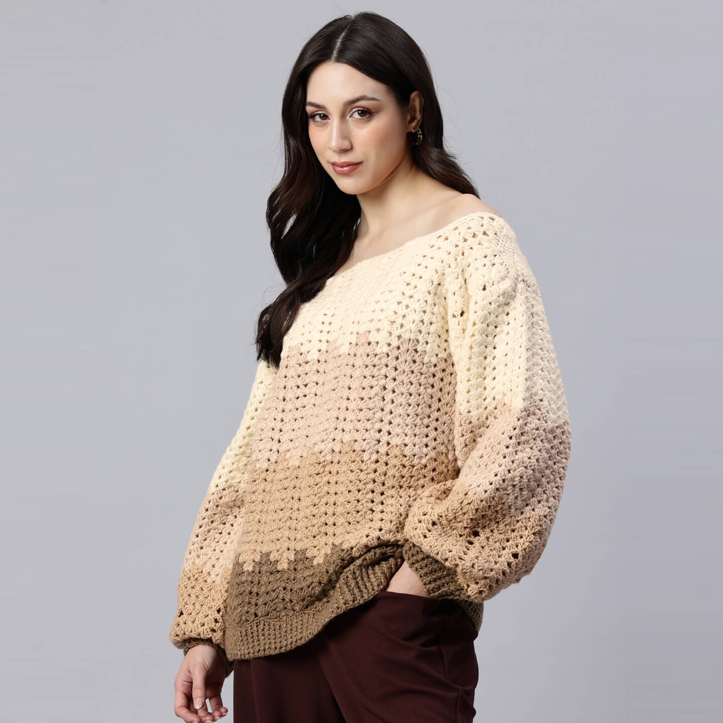 Brown Handmade Self Design Waves Crochet Pullover - 10417