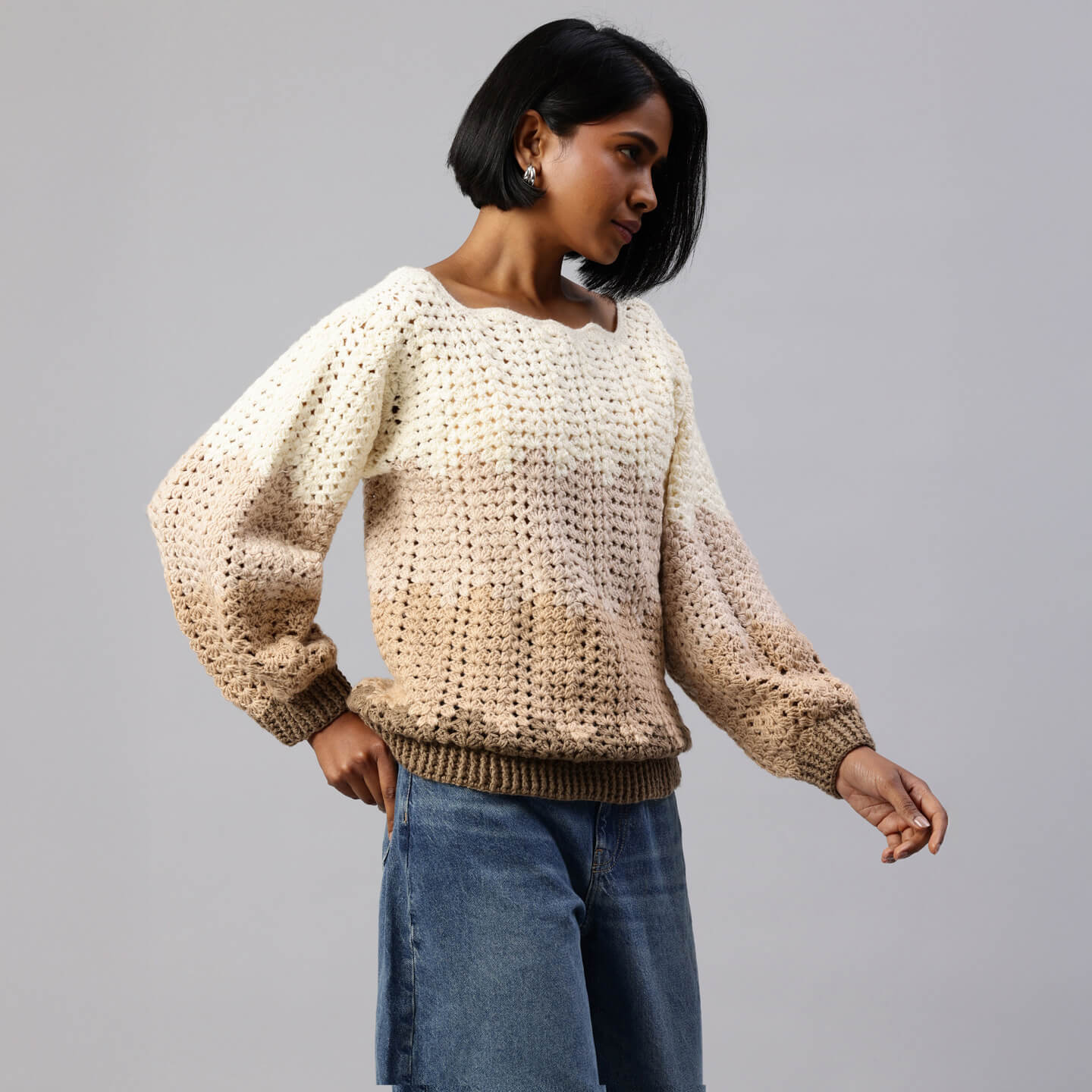 Brown Handmade Self Design Waves Crochet Pullover - 10417