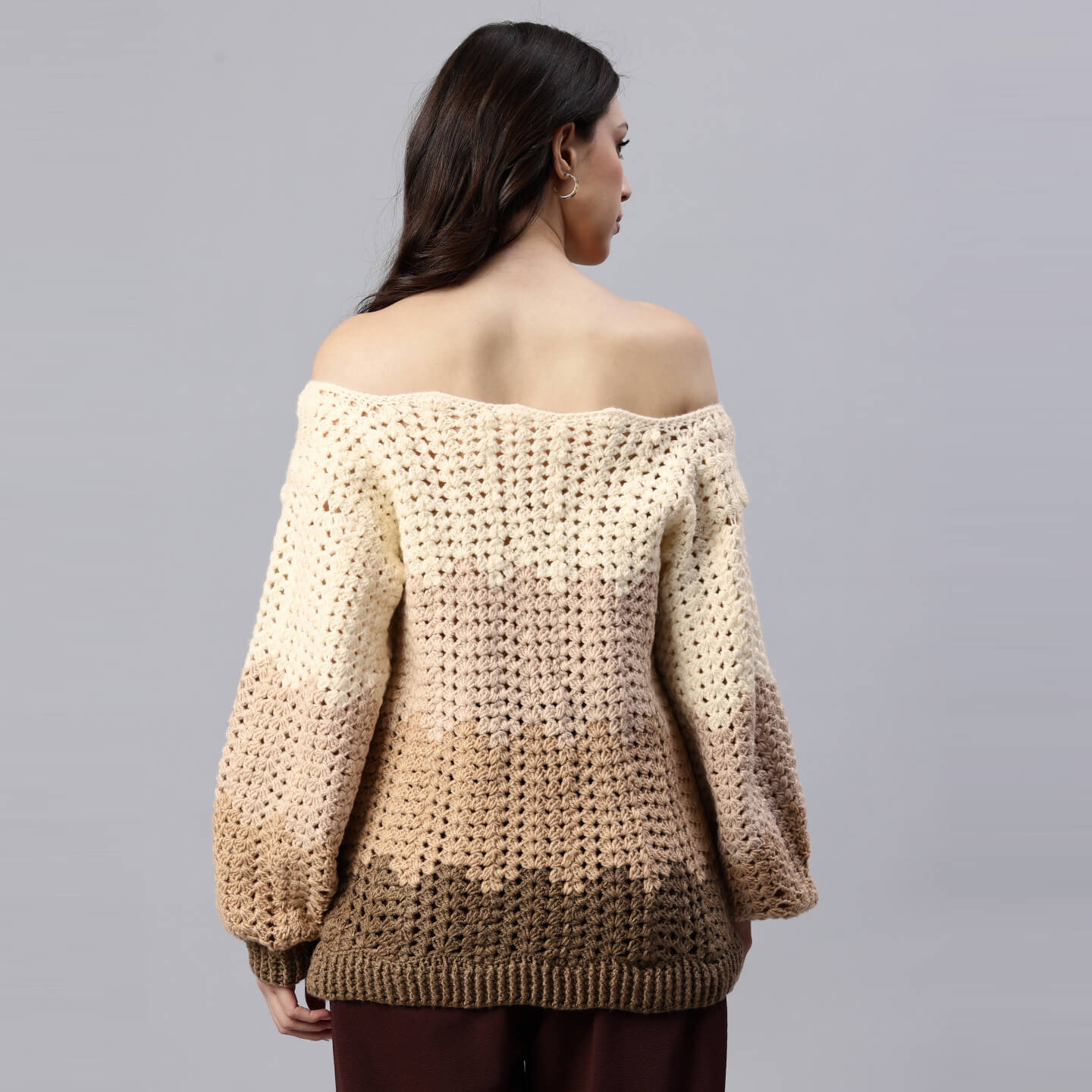 Brown Handmade Self Design Waves Crochet Pullover - 10417