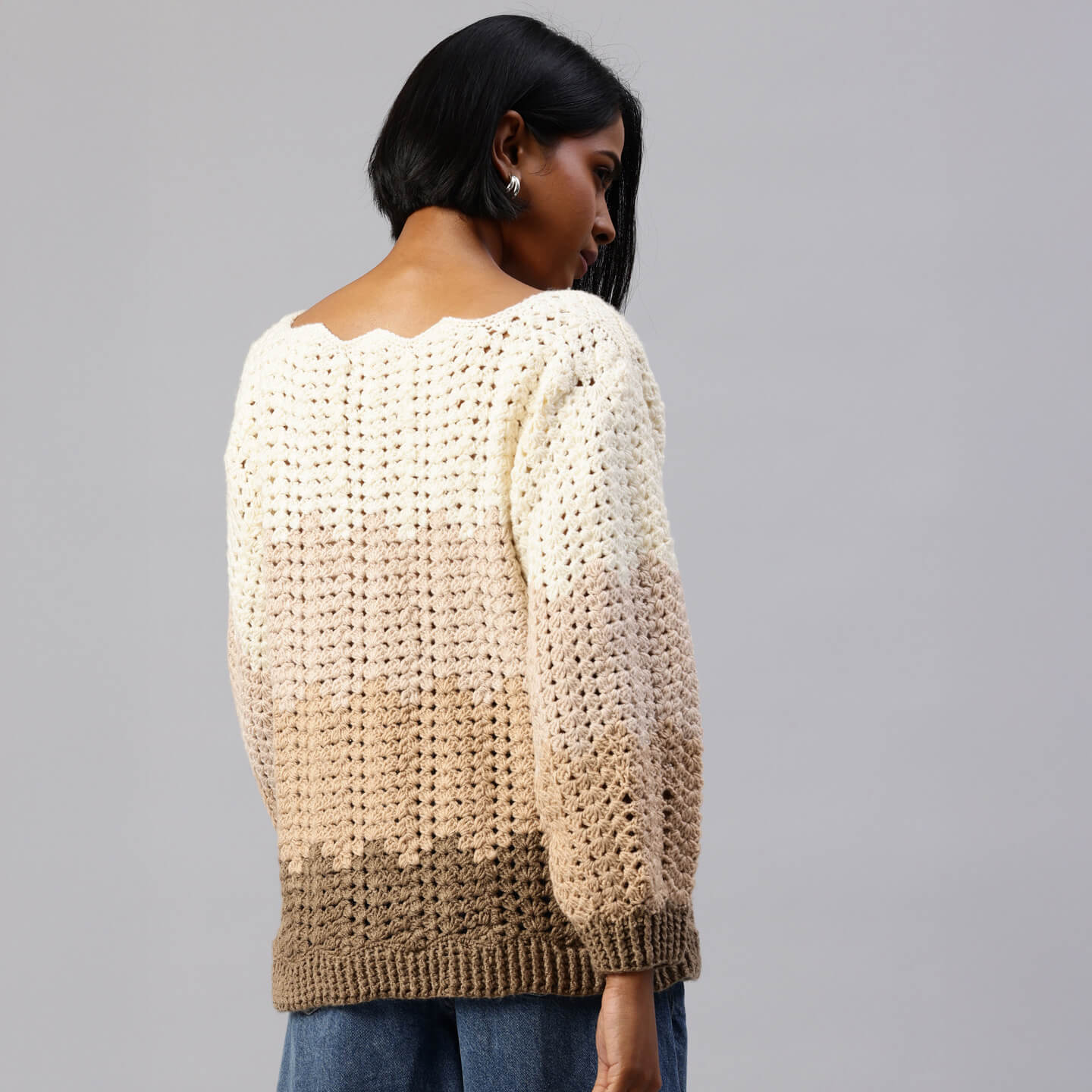 Brown Handmade Self Design Waves Crochet Pullover - 10417