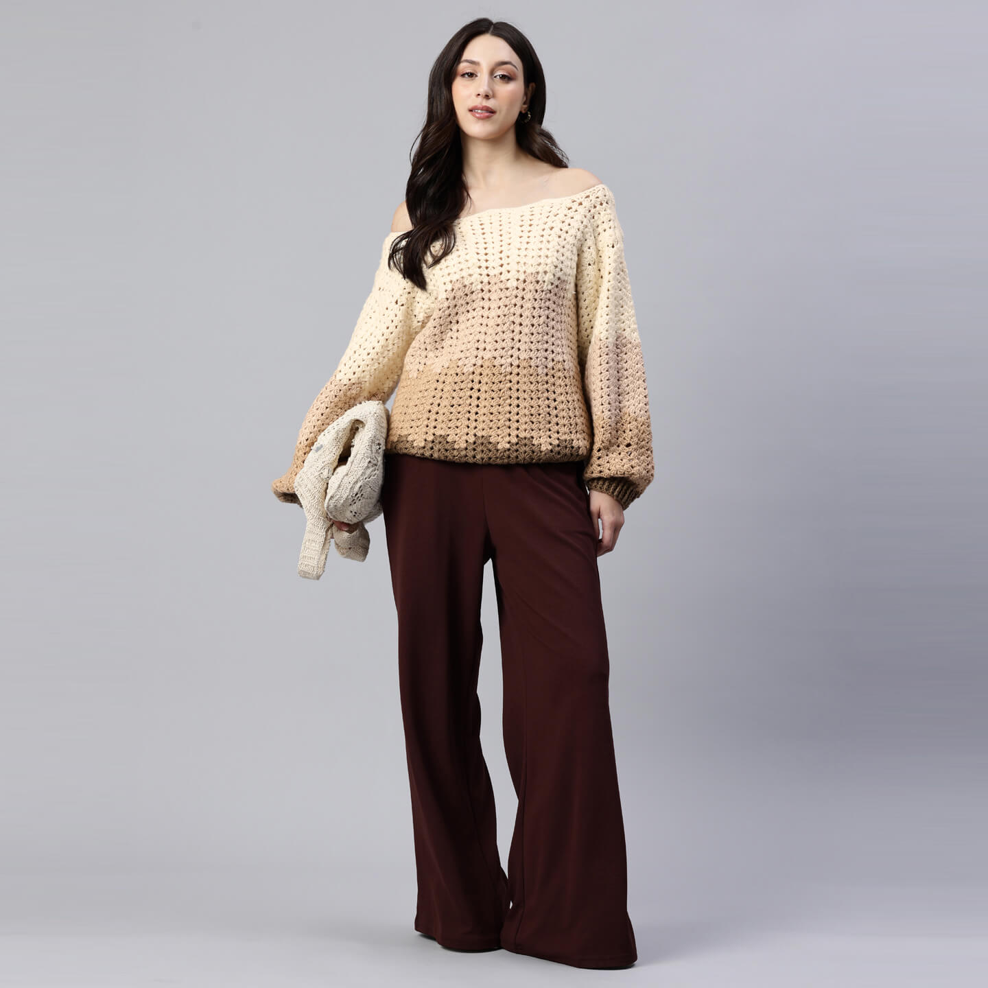 Brown Handmade Self Design Waves Crochet Pullover - 10417