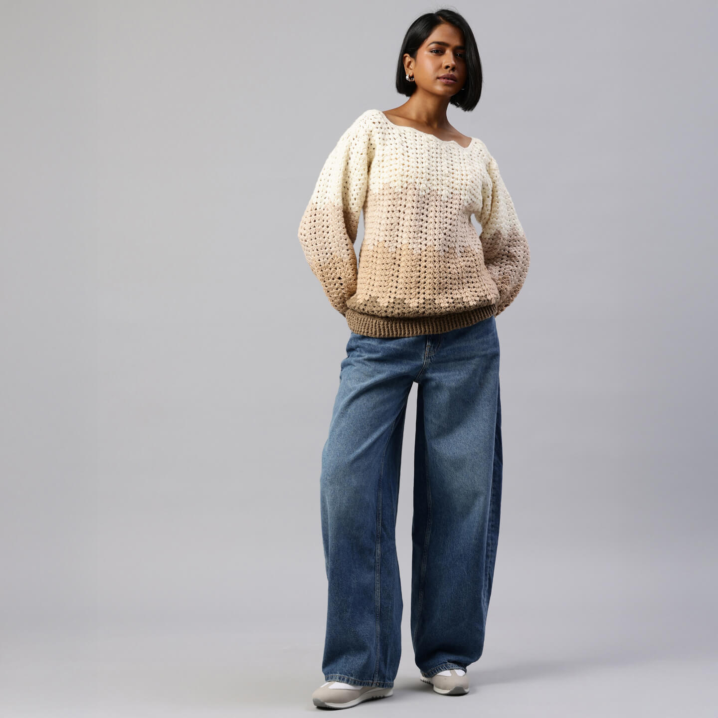 Brown Handmade Self Design Waves Crochet Pullover - 10417