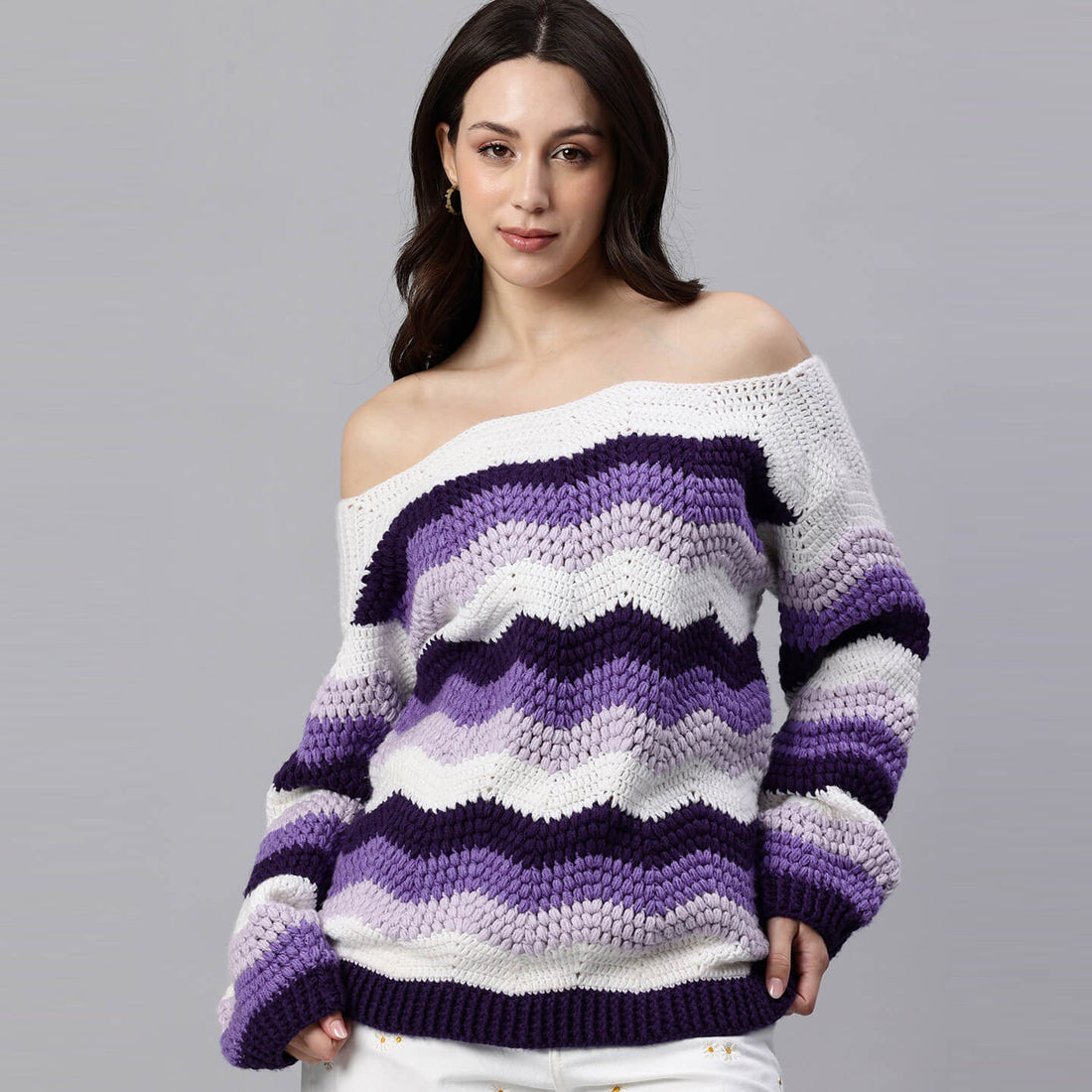 Purple Handmade Self Design Waves Crochet Pullover - 10418