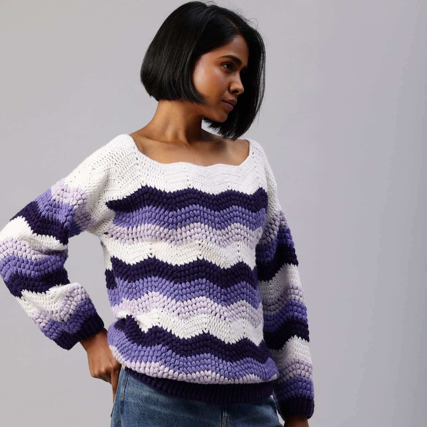 Purple Handmade Self Design Waves Crochet Pullover - 10418