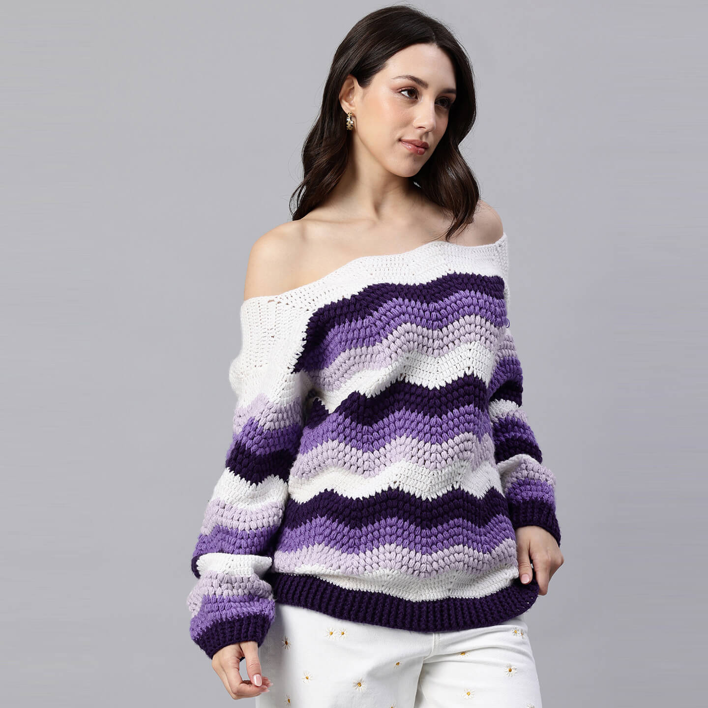 Purple Handmade Self Design Waves Crochet Pullover - 10418