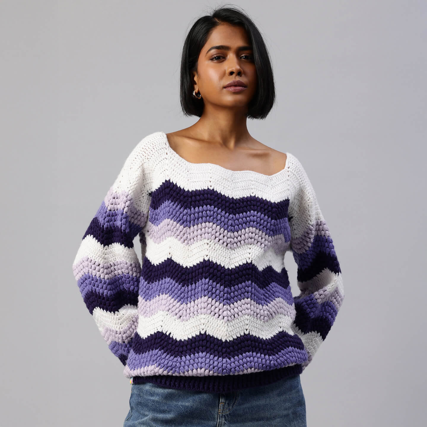 Purple Handmade Self Design Waves Crochet Pullover - 10418