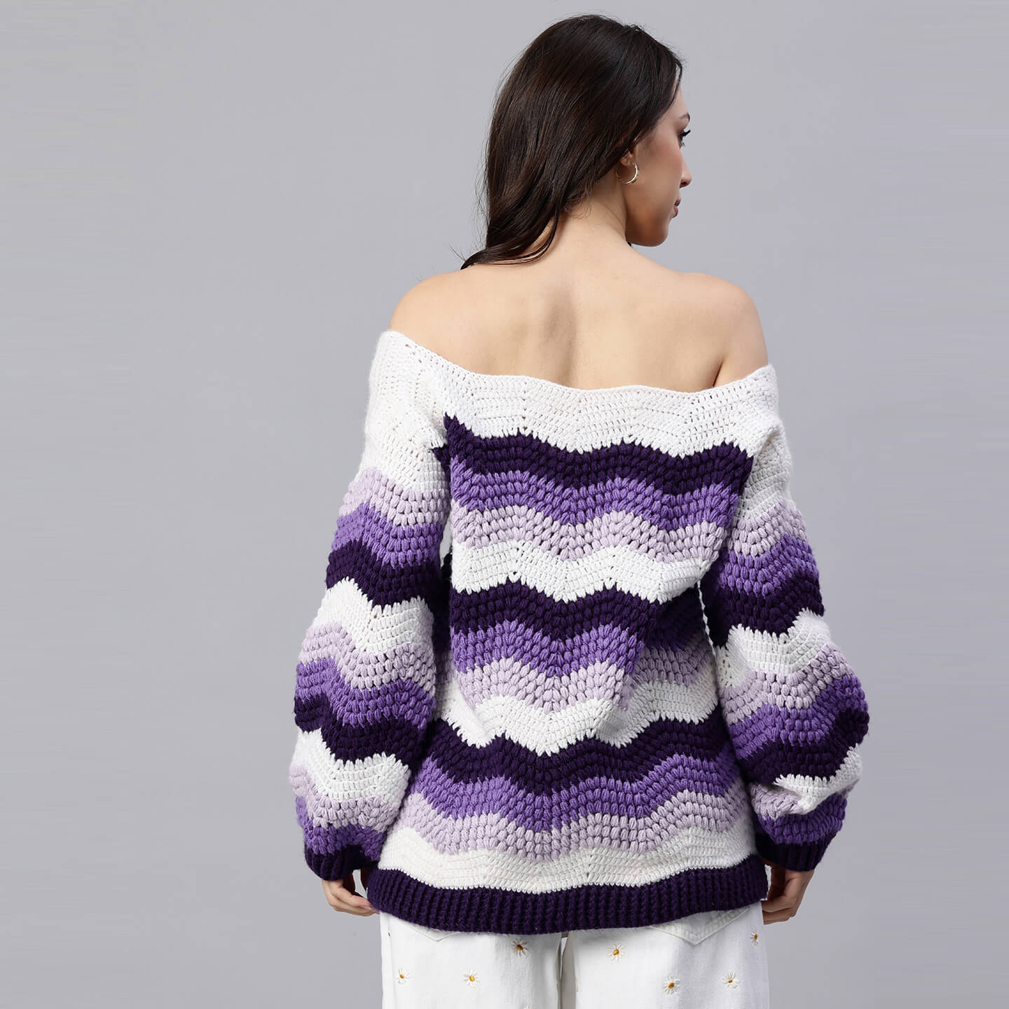 Purple Handmade Self Design Waves Crochet Pullover - 10418