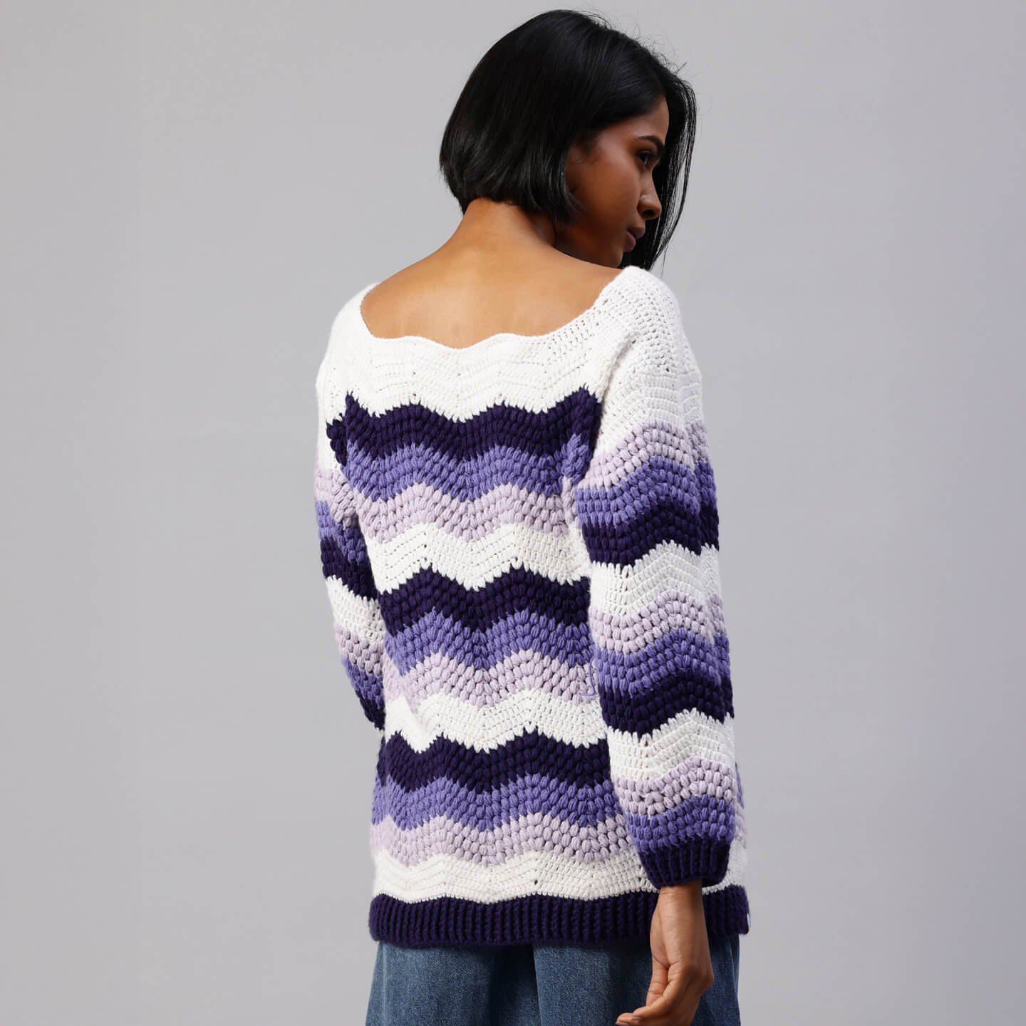 Purple Handmade Self Design Waves Crochet Pullover - 10418