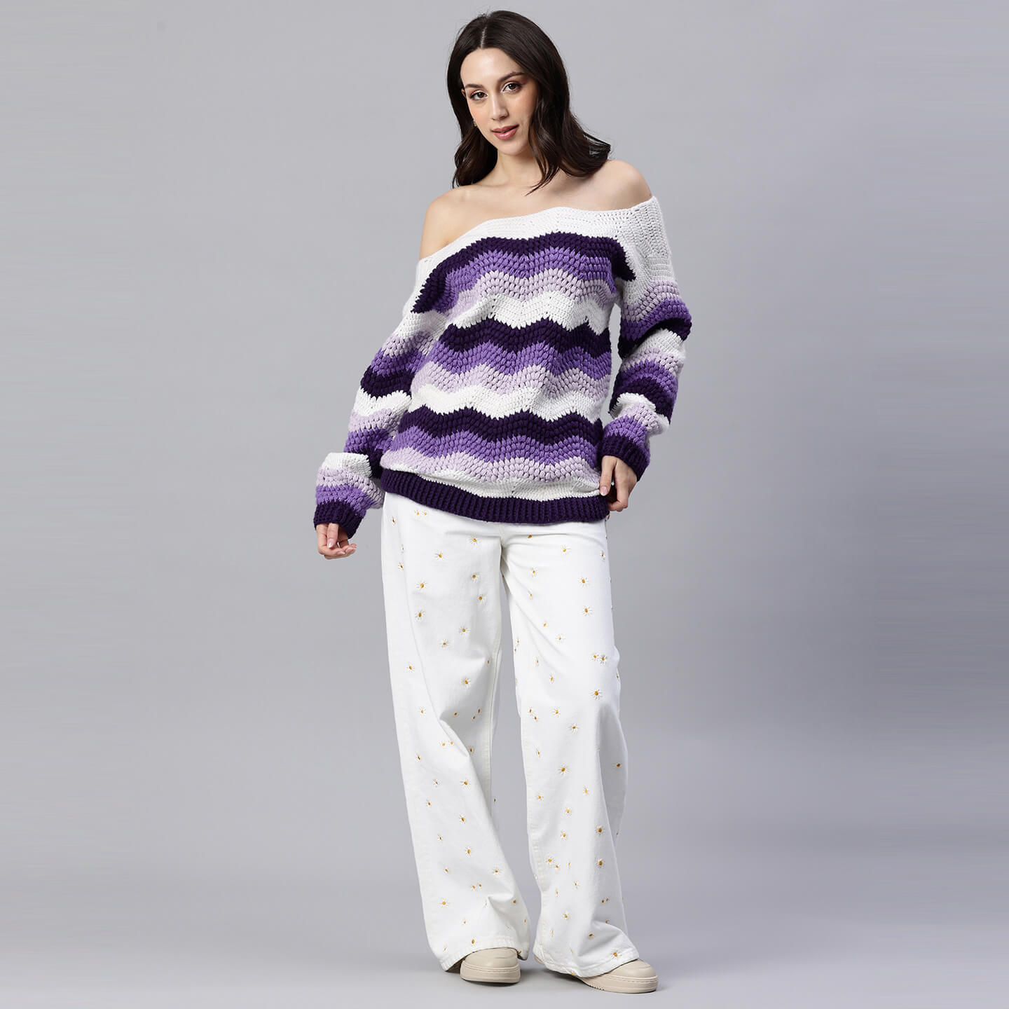 Purple Handmade Self Design Waves Crochet Pullover - 10418